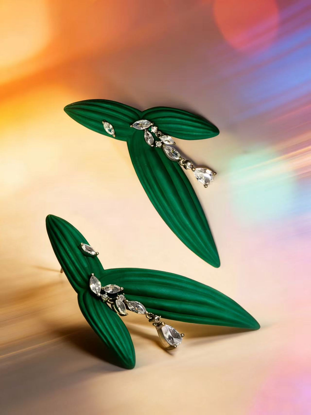 DeWDrop Gearing | Geometric Earrings Capturing Nature’s Fleeting Dewdrop Moment on Arrowhead Leaf