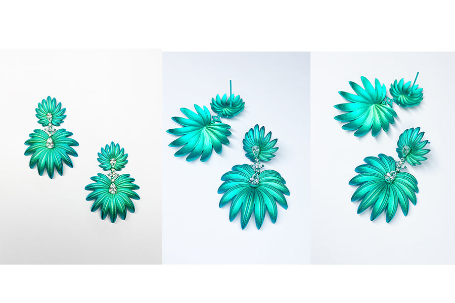 Palm & Oxalis Phyllotaxy Earrings — Geometric Metal Layering Dangle Earrings with Matte Finish & Gemstone Accents