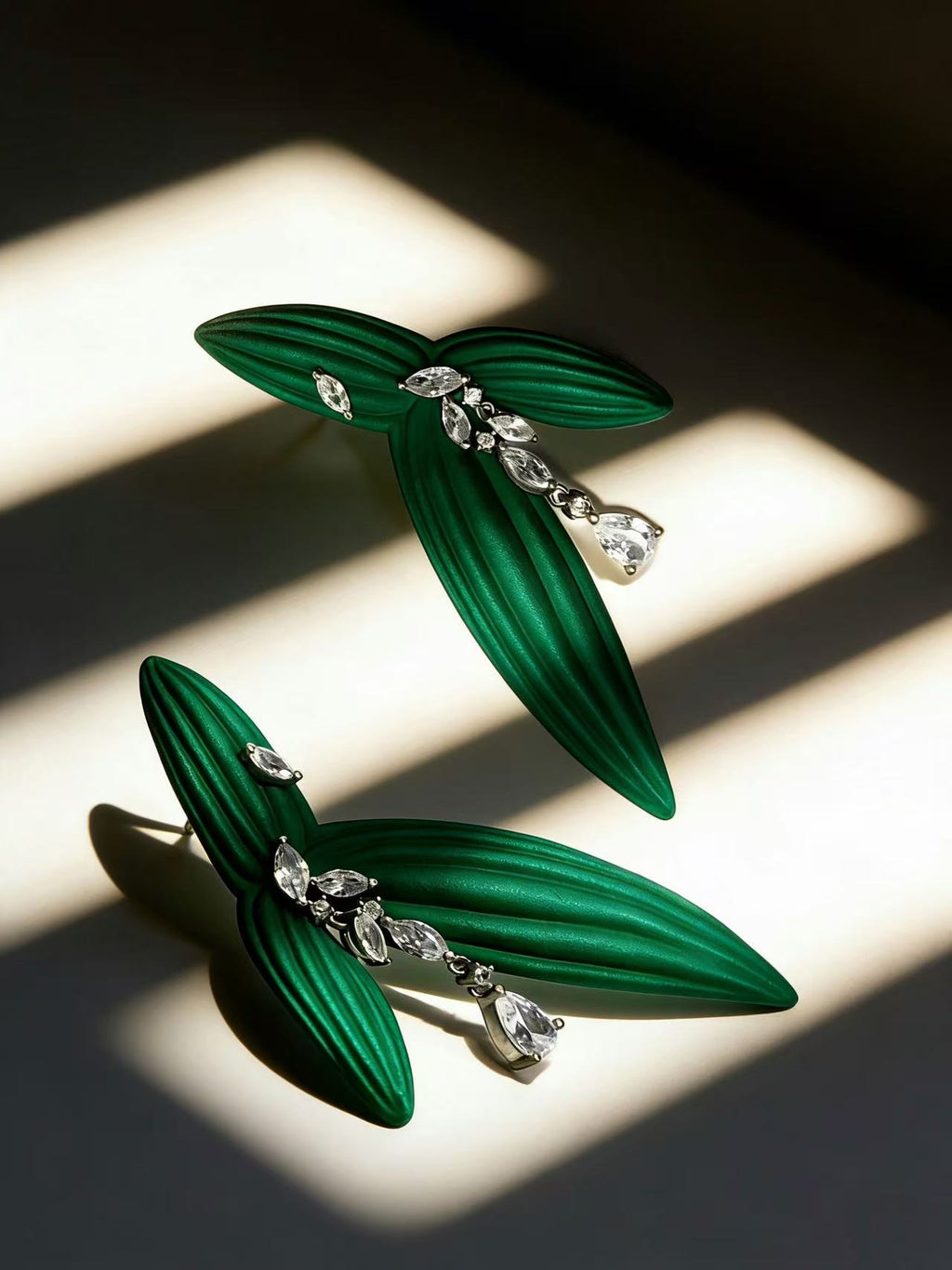 DeWDrop Gearing | Geometric Earrings Capturing Nature’s Fleeting Dewdrop Moment on Arrowhead Leaf
