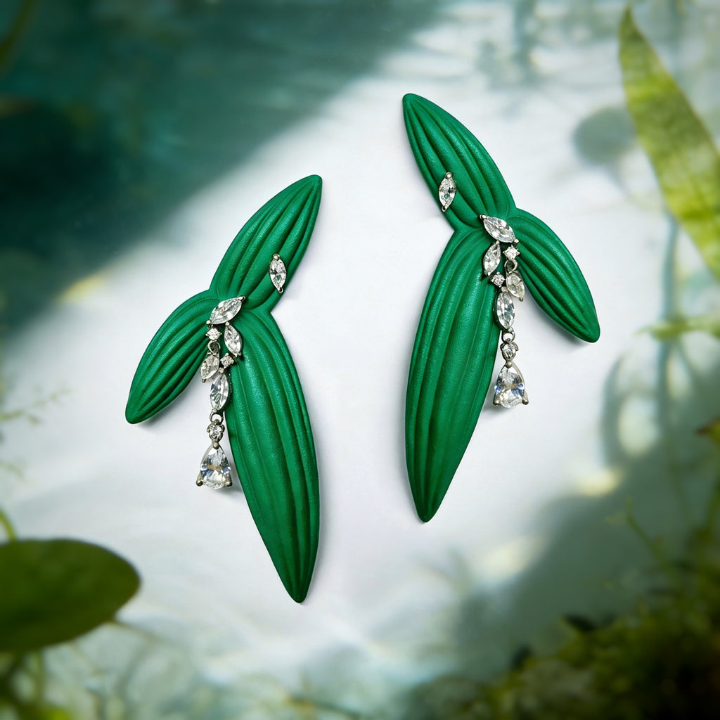 DeWDrop Gearing | Geometric Earrings Capturing Nature’s Fleeting Dewdrop Moment on Arrowhead Leaf