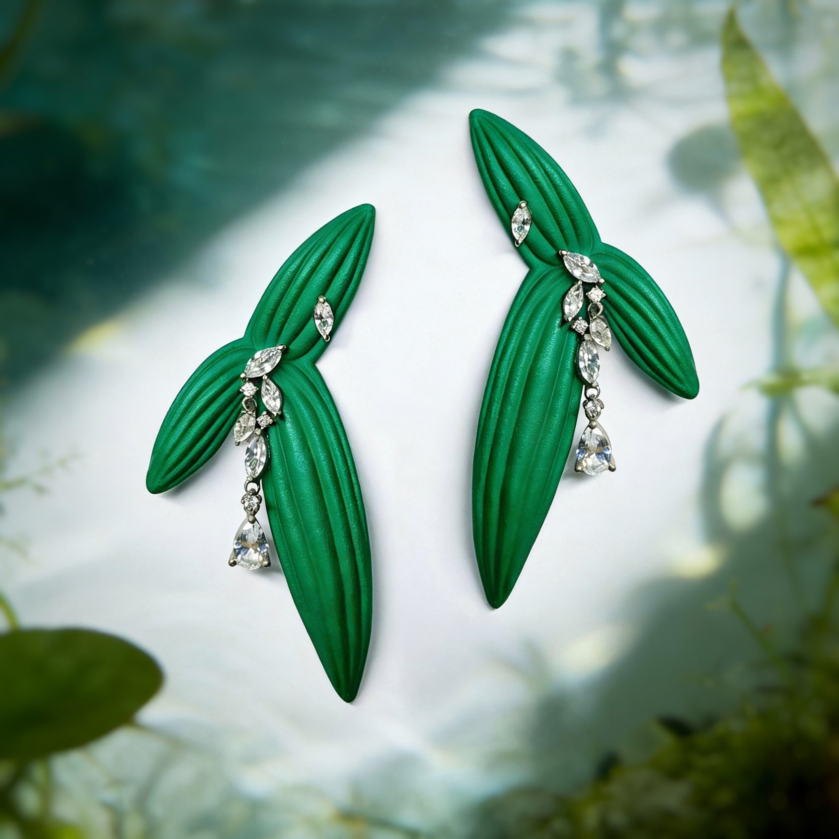 DeWDrop Gearing | Geometric Earrings Capturing Nature’s Fleeting Dewdrop Moment on Arrowhead Leaf