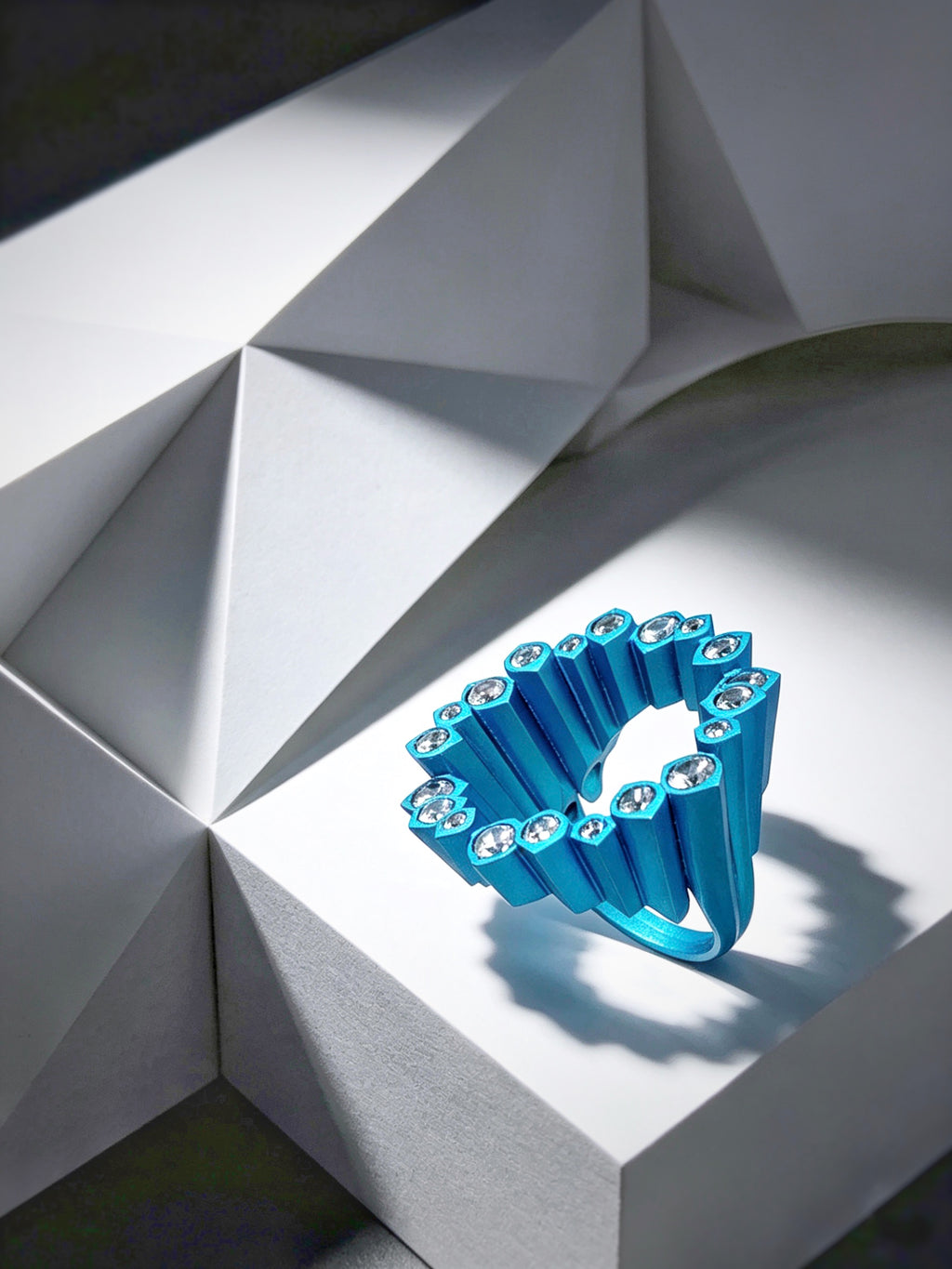 English: Electric Blue Pixel Ring | Titanium & Lab Diamonds Geometric Statement Piece