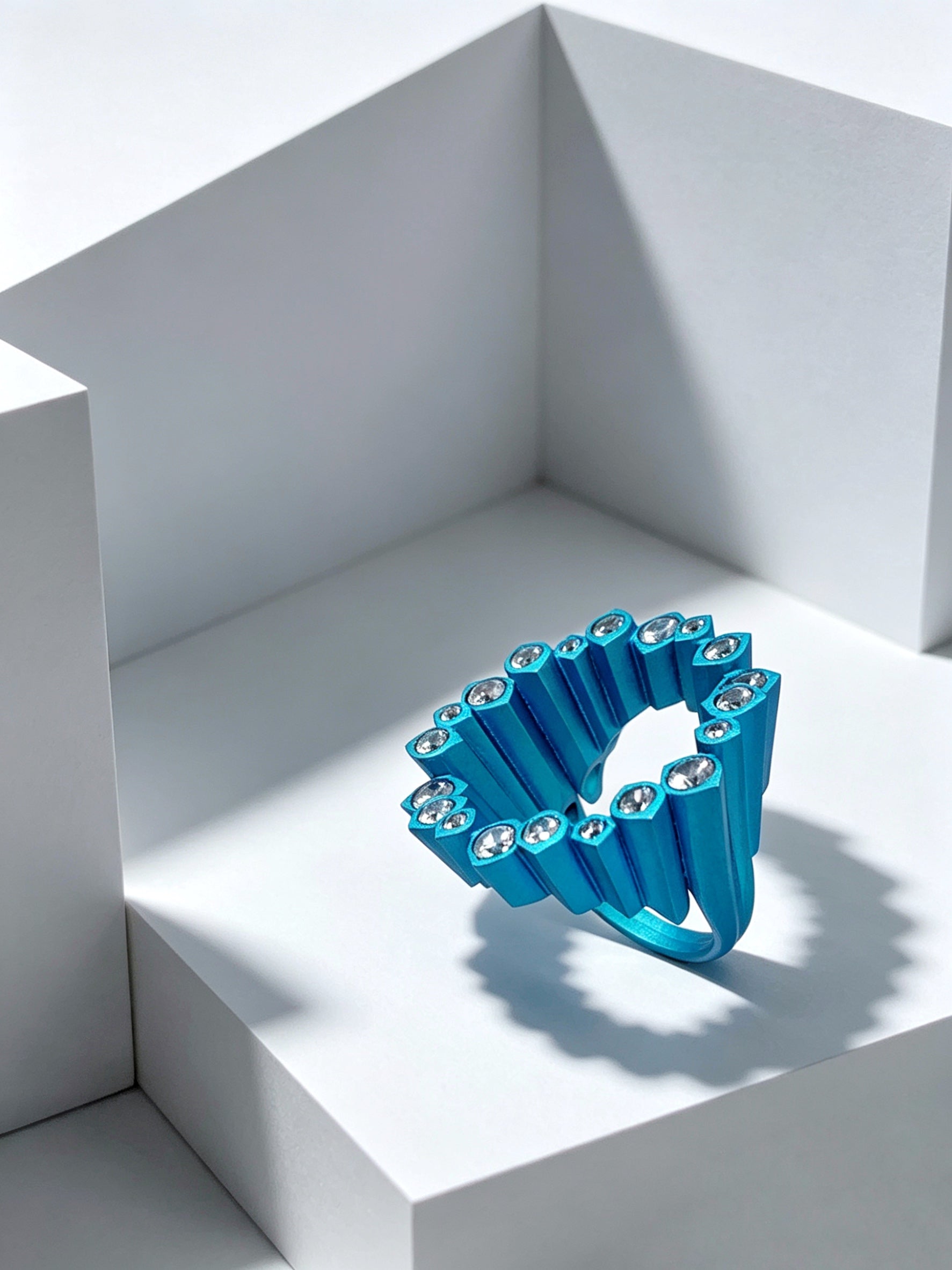 English: Electric Blue Pixel Ring | Titanium & Lab Diamonds Geometric Statement Piece