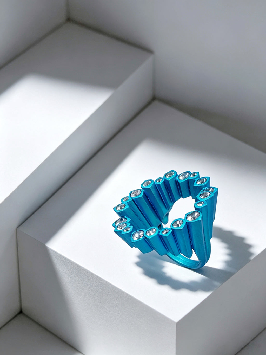English: Electric Blue Pixel Ring | Titanium & Lab Diamonds Geometric Statement Piece