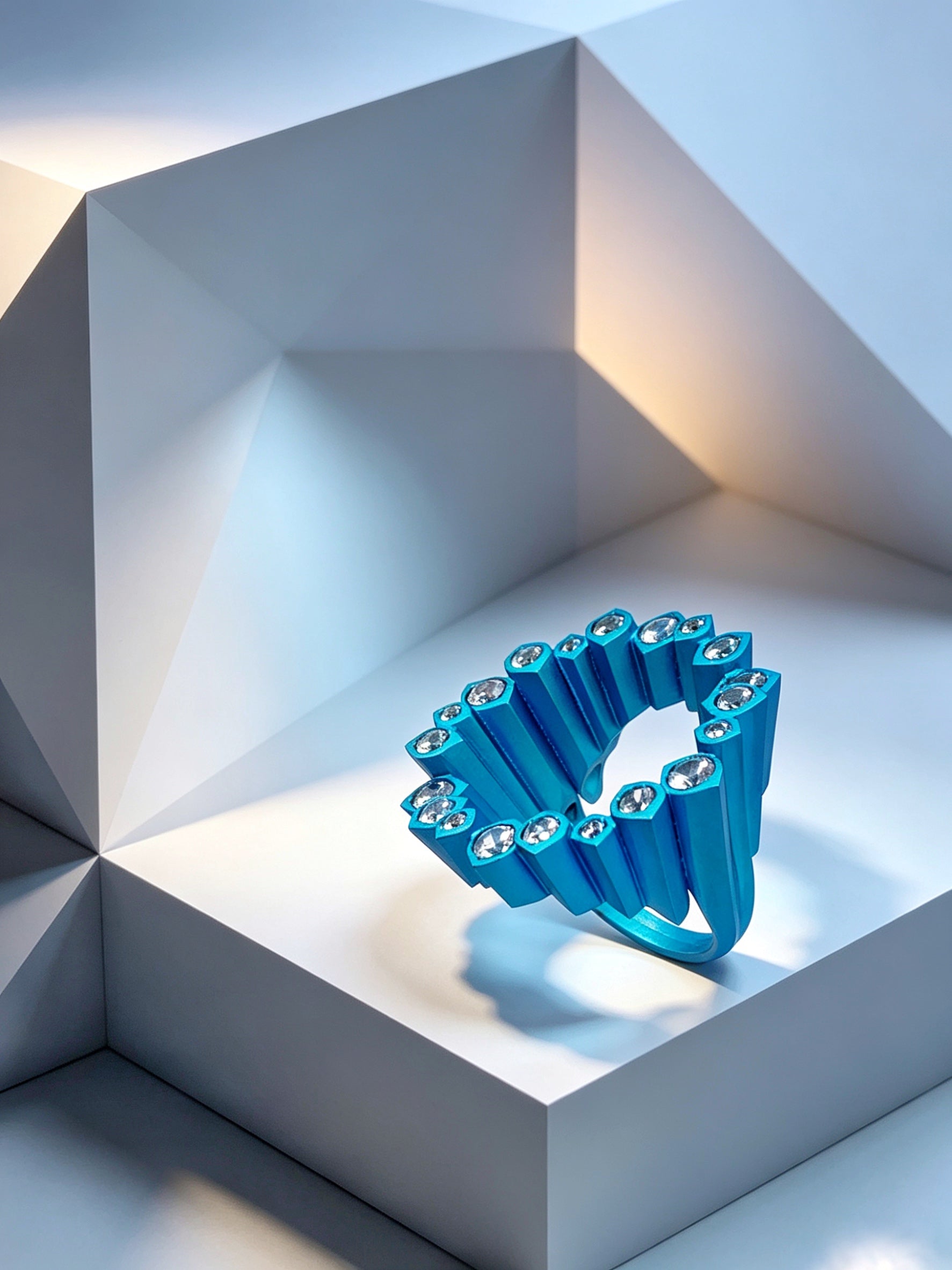 English: Electric Blue Pixel Ring | Titanium & Lab Diamonds Geometric Statement Piece