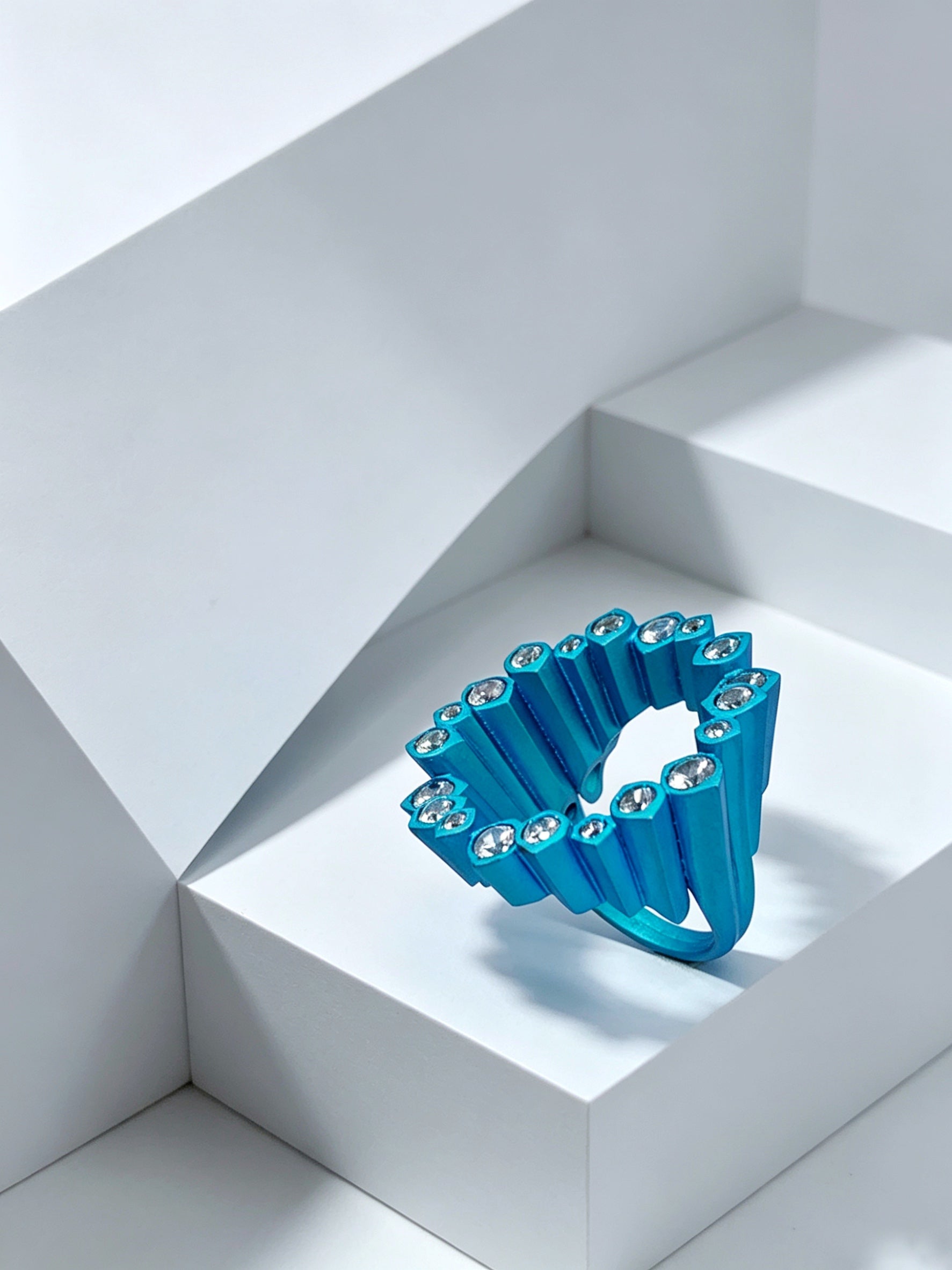 English: Electric Blue Pixel Ring | Titanium & Lab Diamonds Geometric Statement Piece