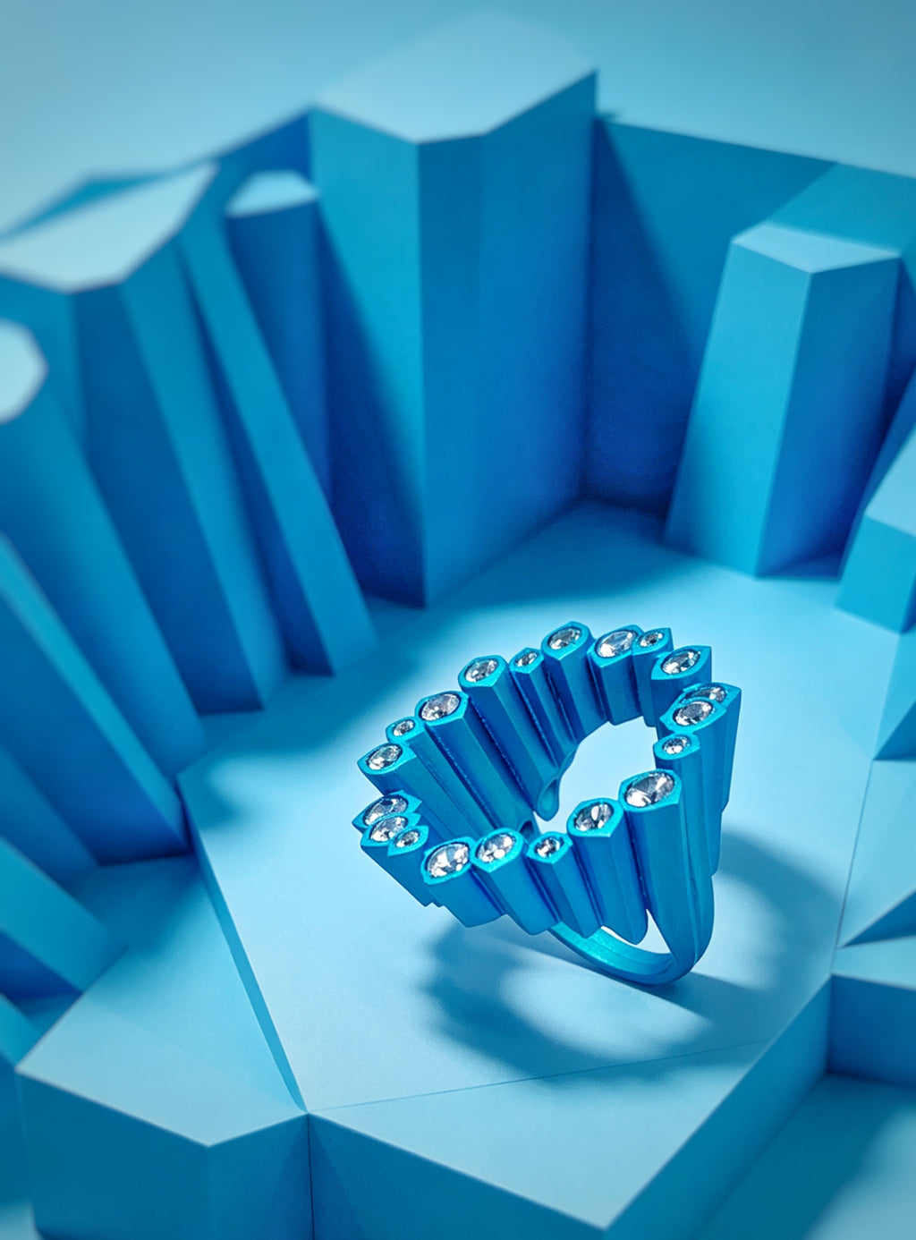 English: Electric Blue Pixel Ring | Titanium & Lab Diamonds Geometric Statement Piece