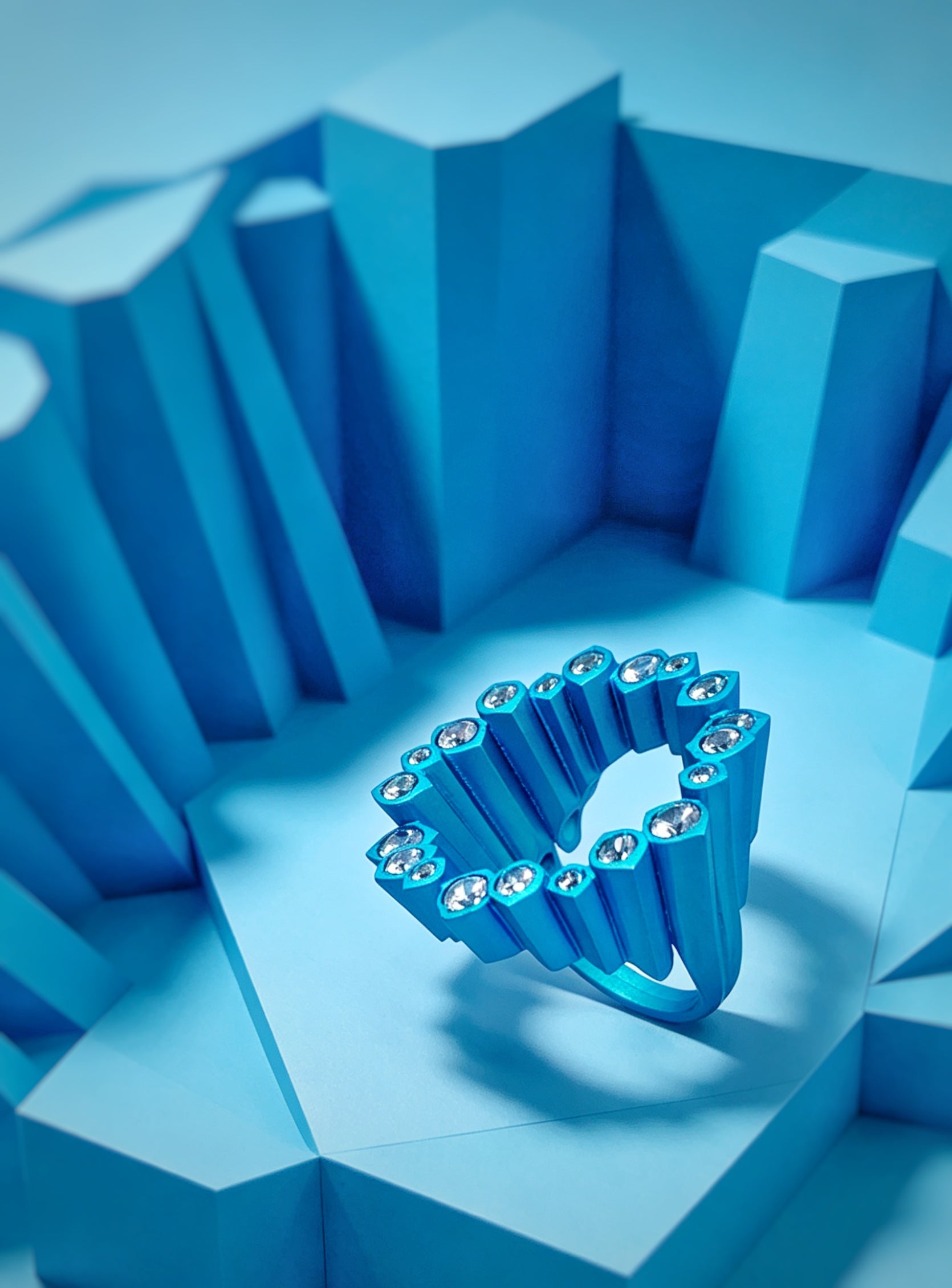 English: Electric Blue Pixel Ring | Titanium & Lab Diamonds Geometric Statement Piece