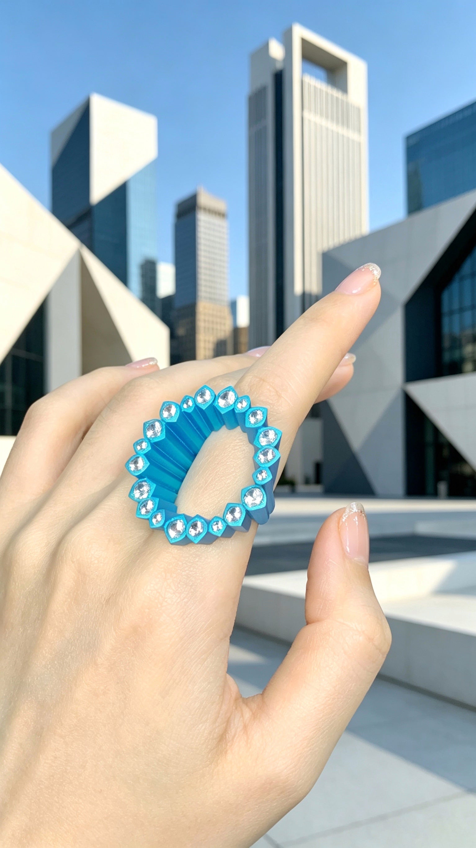 English: Electric Blue Pixel Ring | Titanium & Lab Diamonds Geometric Statement Piece