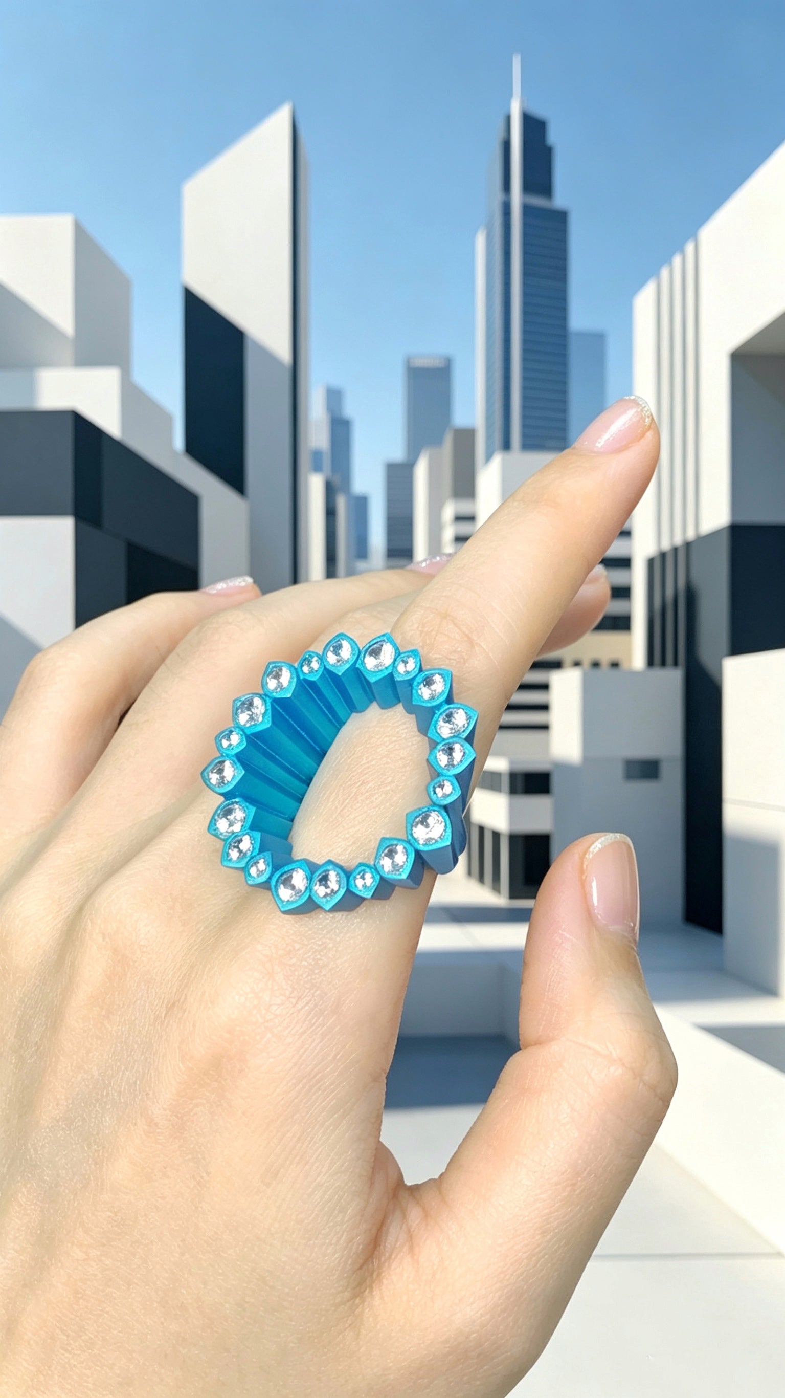 English: Electric Blue Pixel Ring | Titanium & Lab Diamonds Geometric Statement Piece