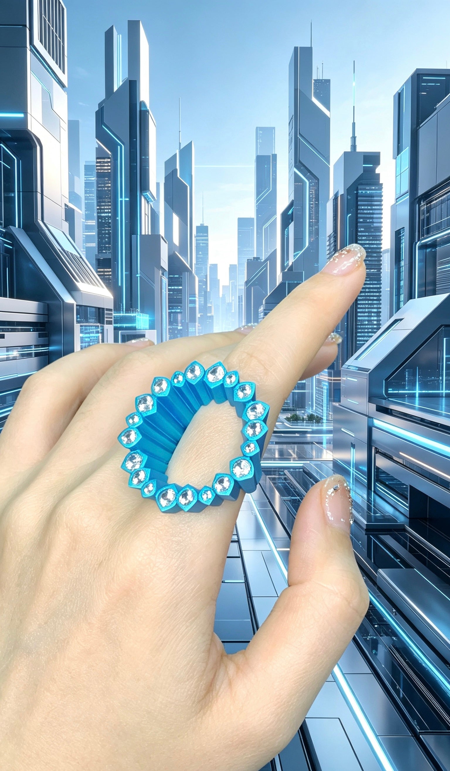 English: Electric Blue Pixel Ring | Titanium & Lab Diamonds Geometric Statement Piece