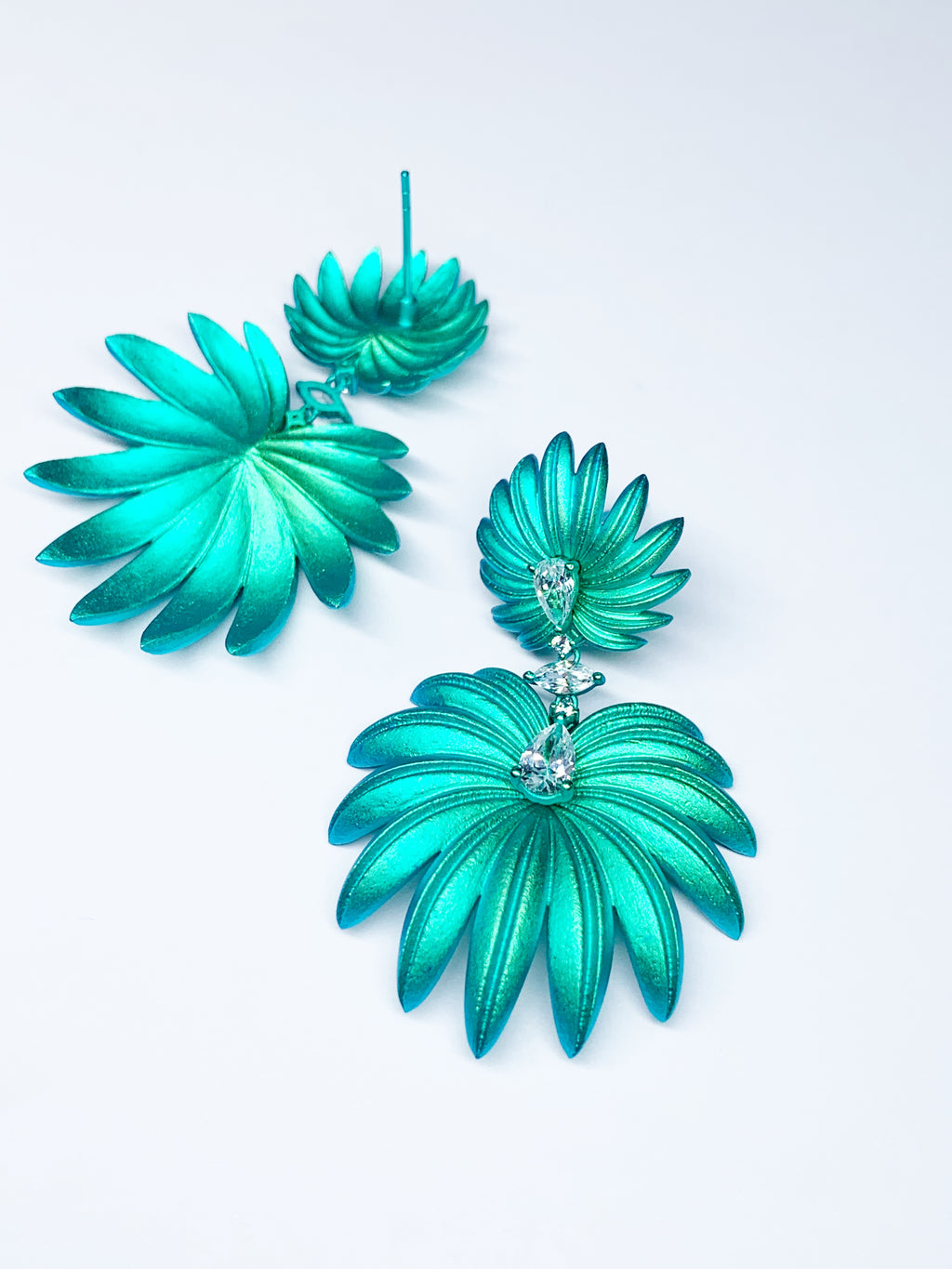 Palm & Oxalis Phyllotaxy Earrings — Geometric Metal Layering Dangle Earrings with Matte Finish & Gemstone Accents