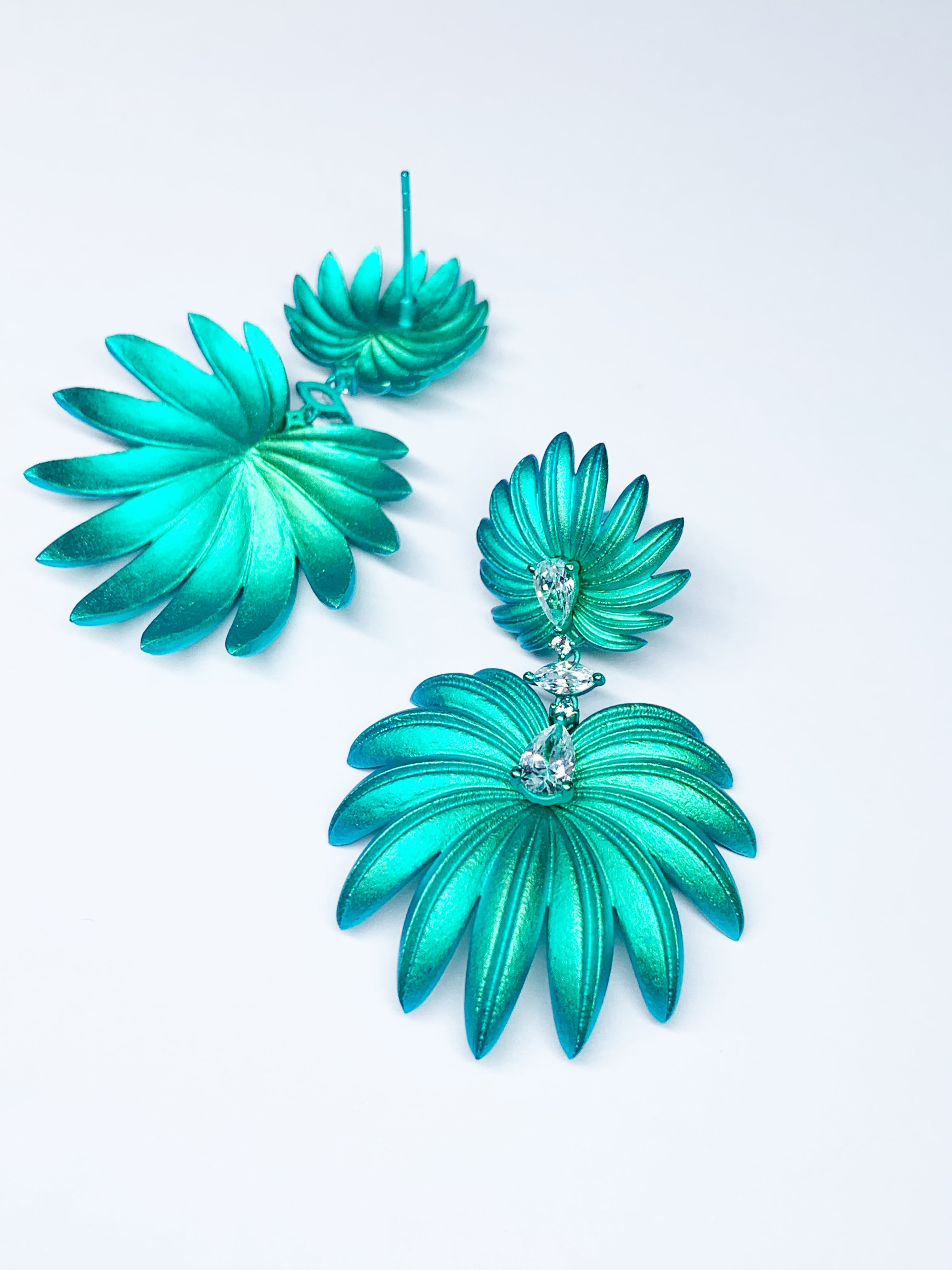 Palm & Oxalis Phyllotaxy Earrings — Geometric Metal Layering Dangle Earrings with Matte Finish & Gemstone Accents