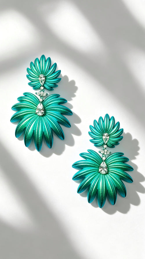 Palm & Oxalis Phyllotaxy Earrings — Geometric Metal Layering Dangle Earrings with Matte Finish & Gemstone Accents