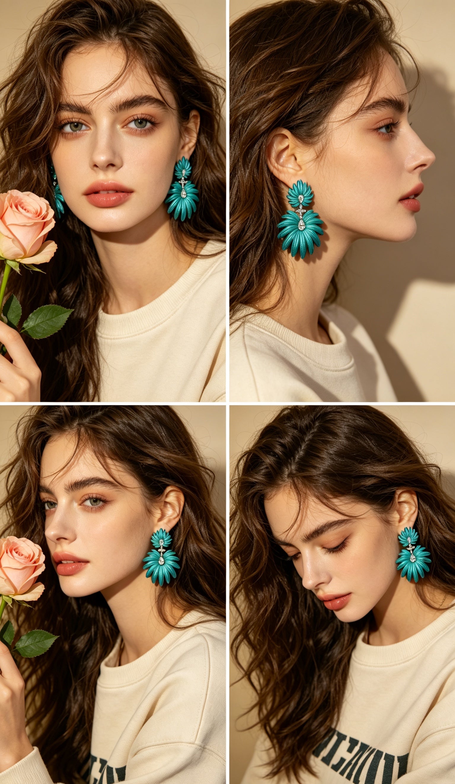 Palm & Oxalis Phyllotaxy Earrings — Geometric Metal Layering Dangle Earrings with Matte Finish & Gemstone Accents