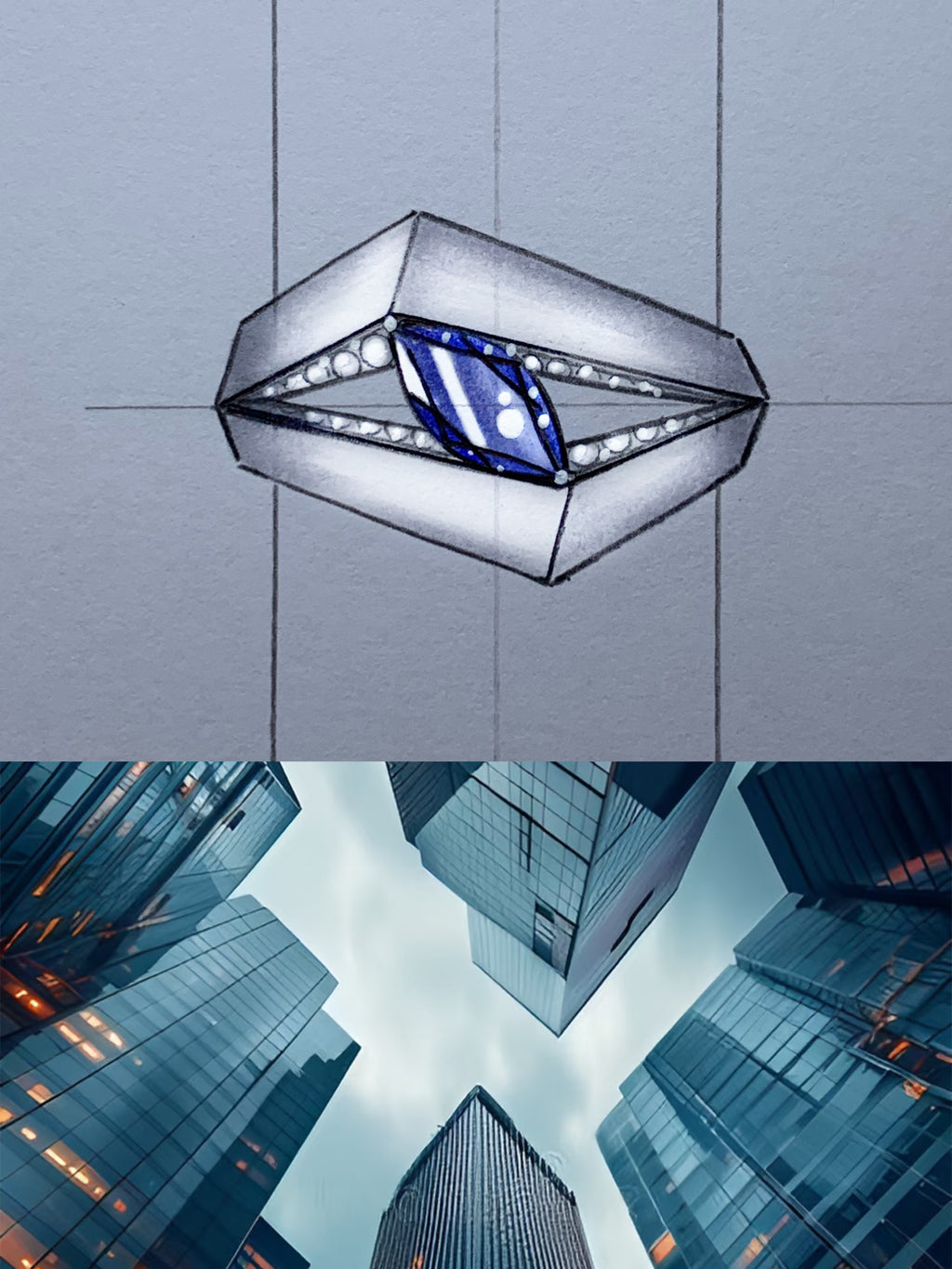 Diamond Prism Titanium Geometric Ring | Marquise Synthetic Spinel with Pavé Synthetic Spinels, Custom Ring Size Available