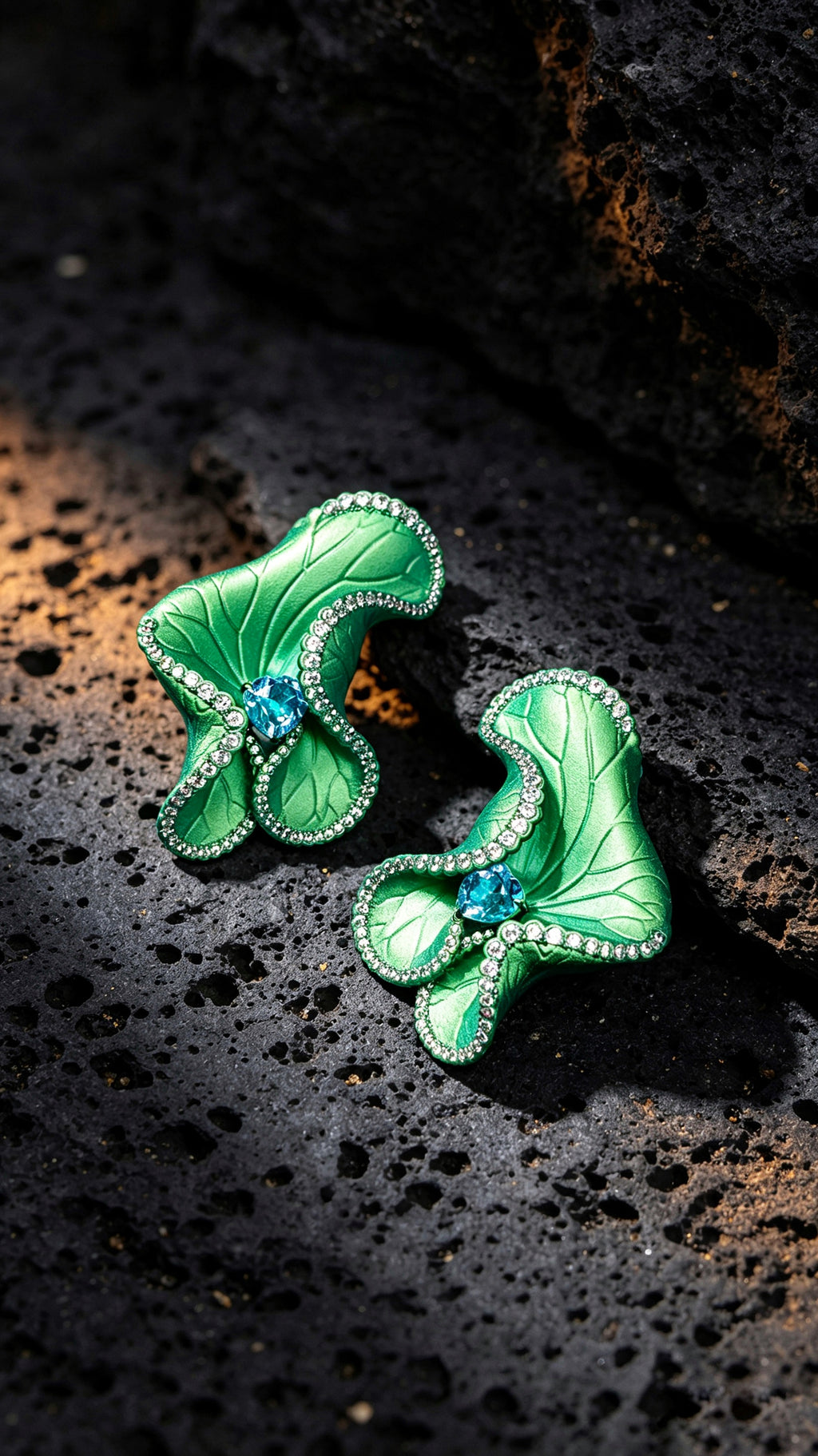 Fern's Dewdrop · Coagulated Blue | Titanium Earrings with Heart Shape Aquamarine & Lab Created Diamond Accents