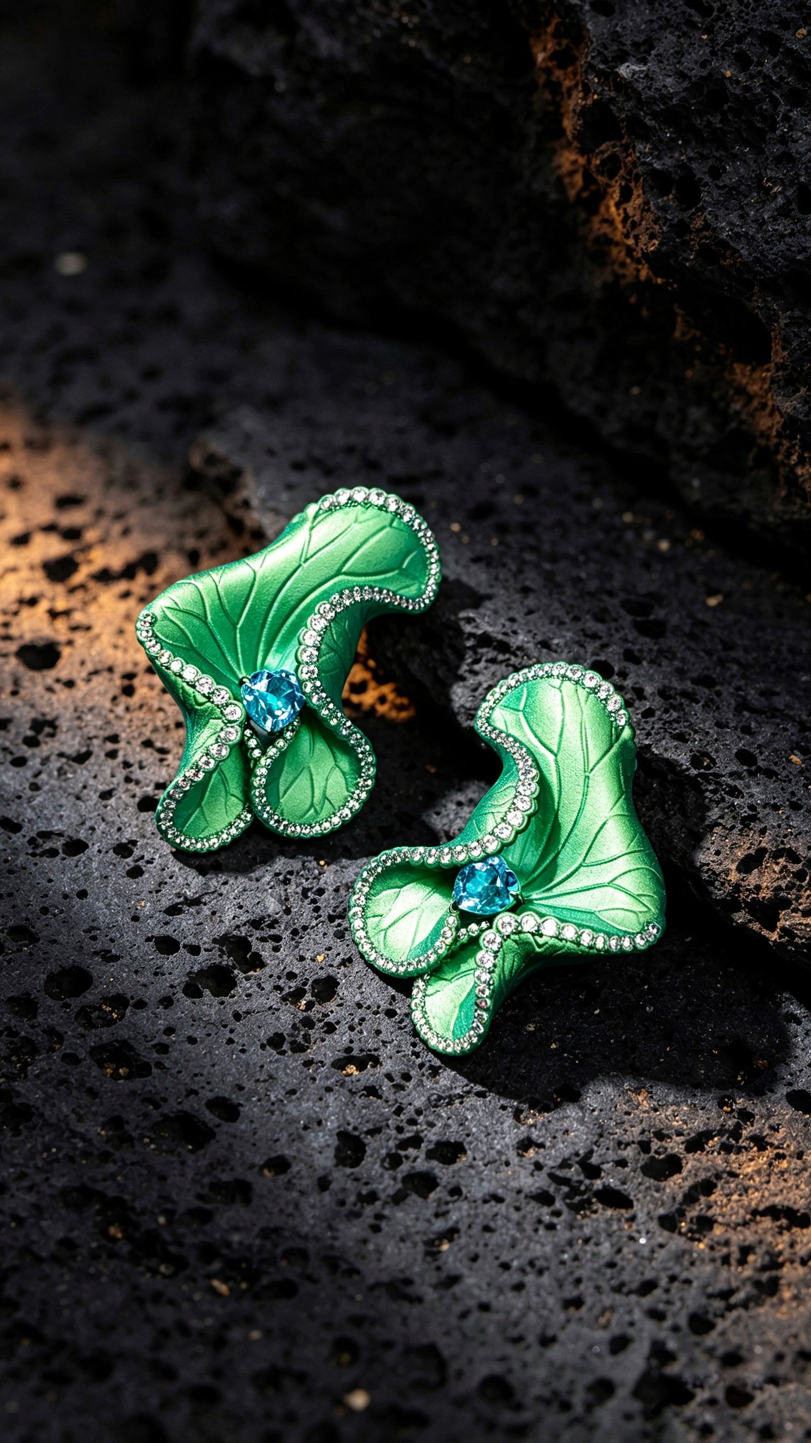 Fern's Dewdrop · Coagulated Blue | Titanium Earrings with Heart Shape Aquamarine & Lab Created Diamond Accents