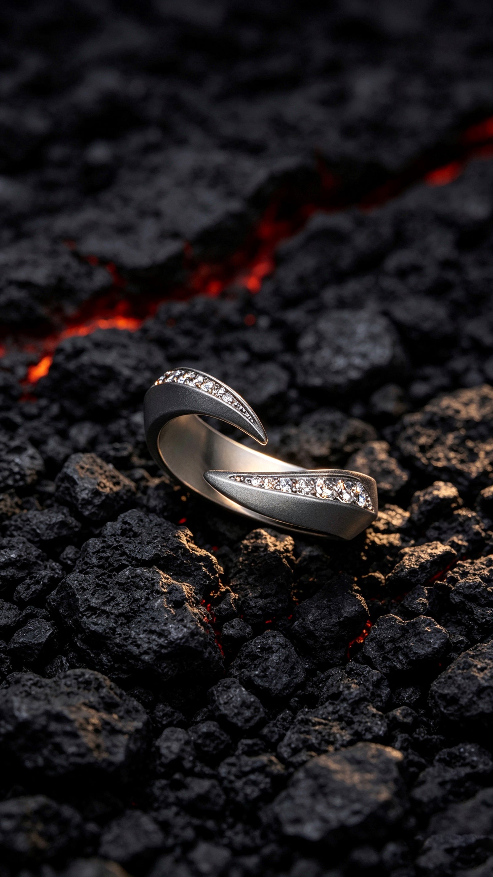 Twin Blades Titanium Open Ring | Dual Tip Pavé Synthetic Diamonds, Custom Ring Size Available