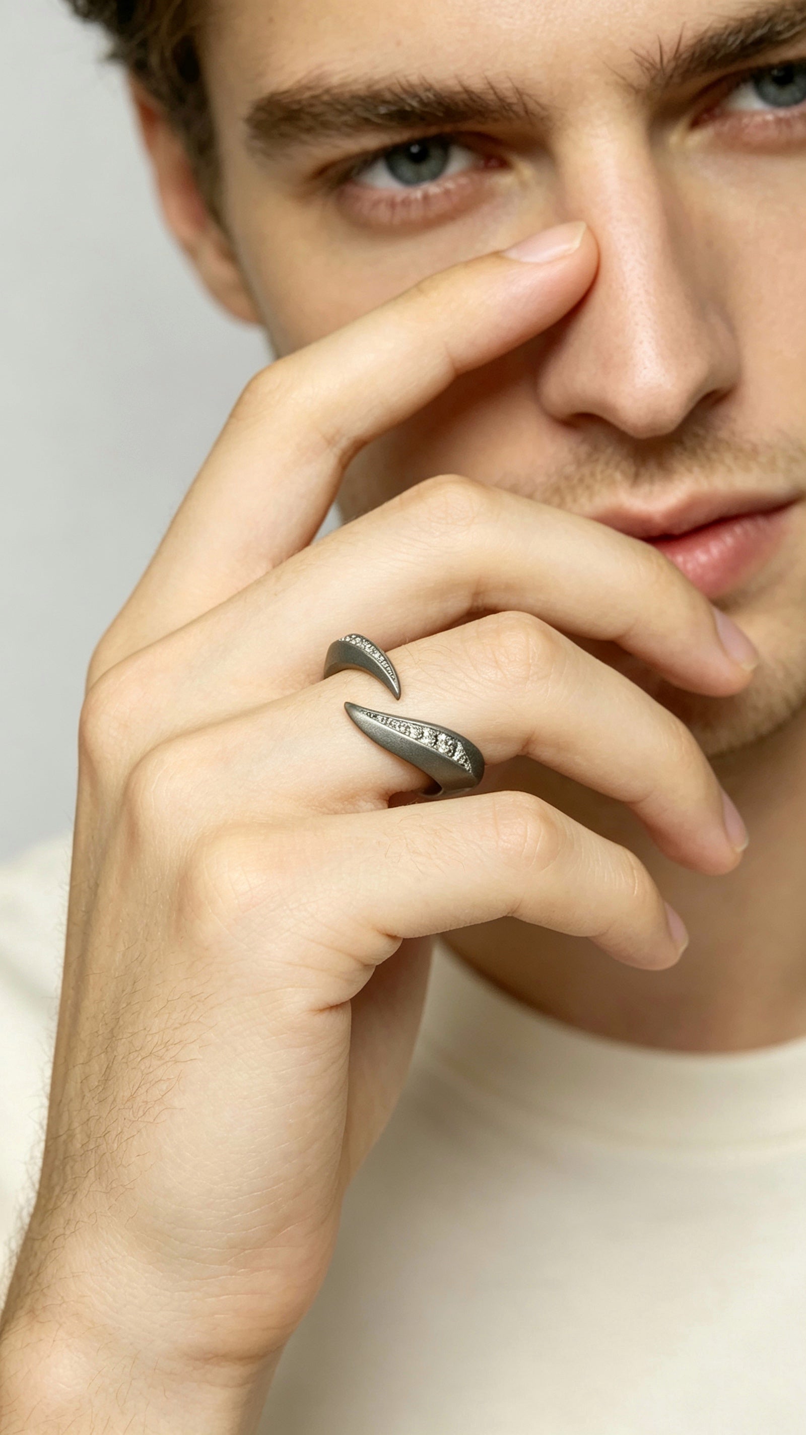 Twin Blades Titanium Open Ring | Dual Tip Pavé Synthetic Diamonds, Custom Ring Size Available
