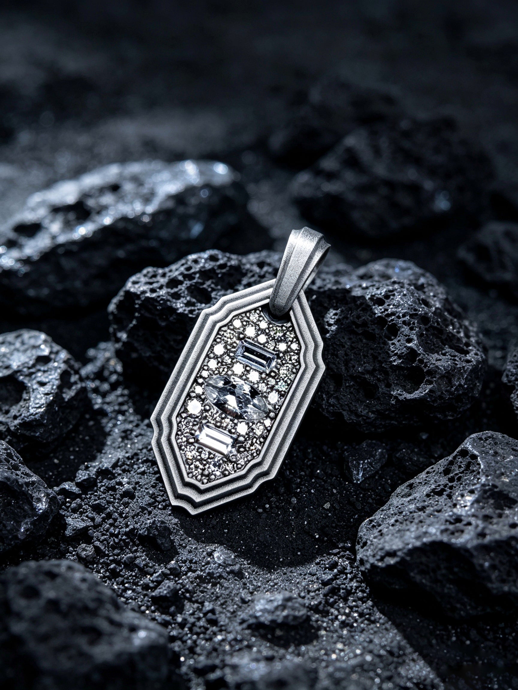 Layered Star Emblem Titanium Pendant | Shield Badge Design with Marquise & Baguette Pavé Synthetic Diamonds