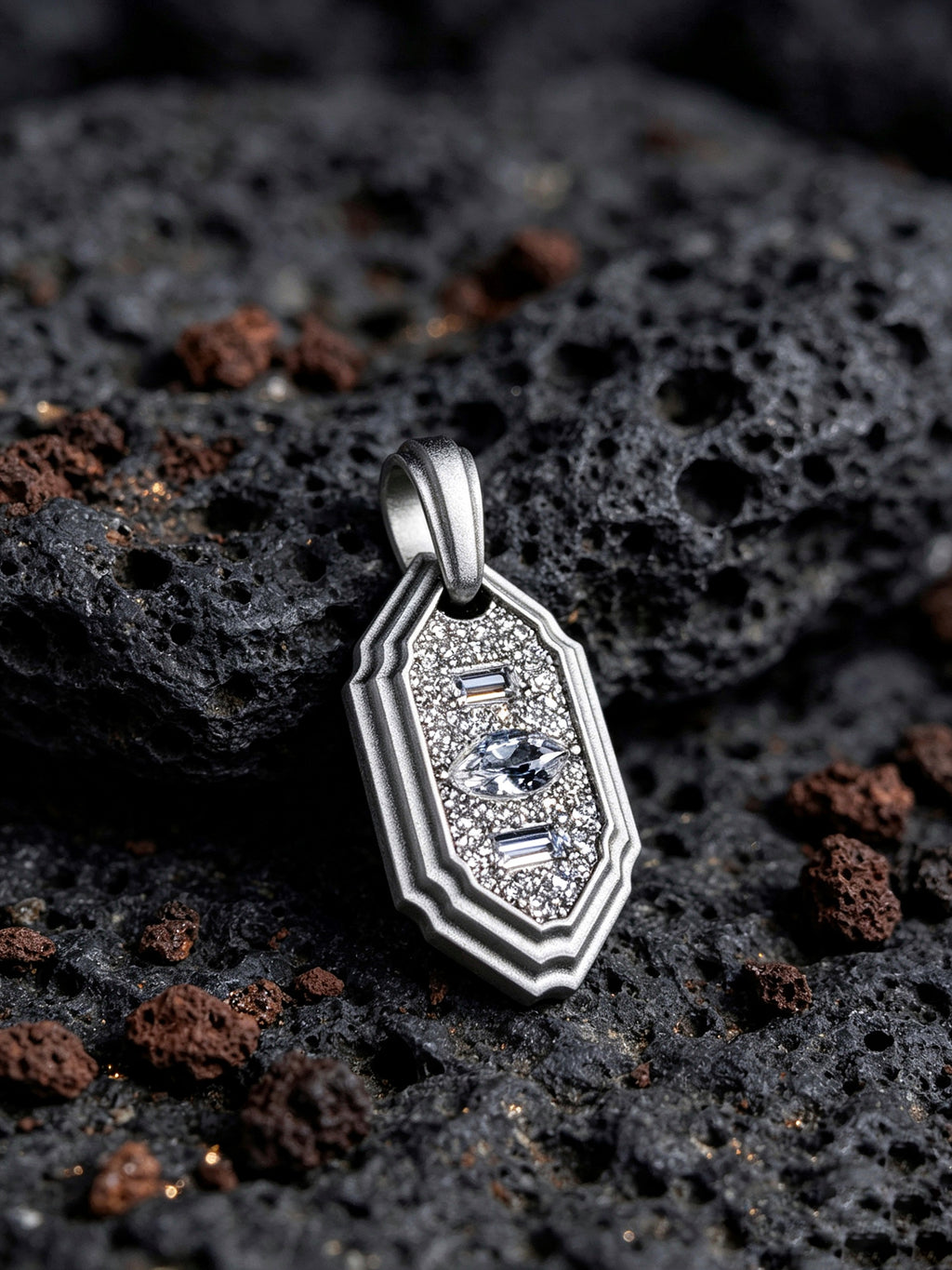 Layered Star Emblem Titanium Pendant | Shield Badge Design with Marquise & Baguette Pavé Synthetic Diamonds
