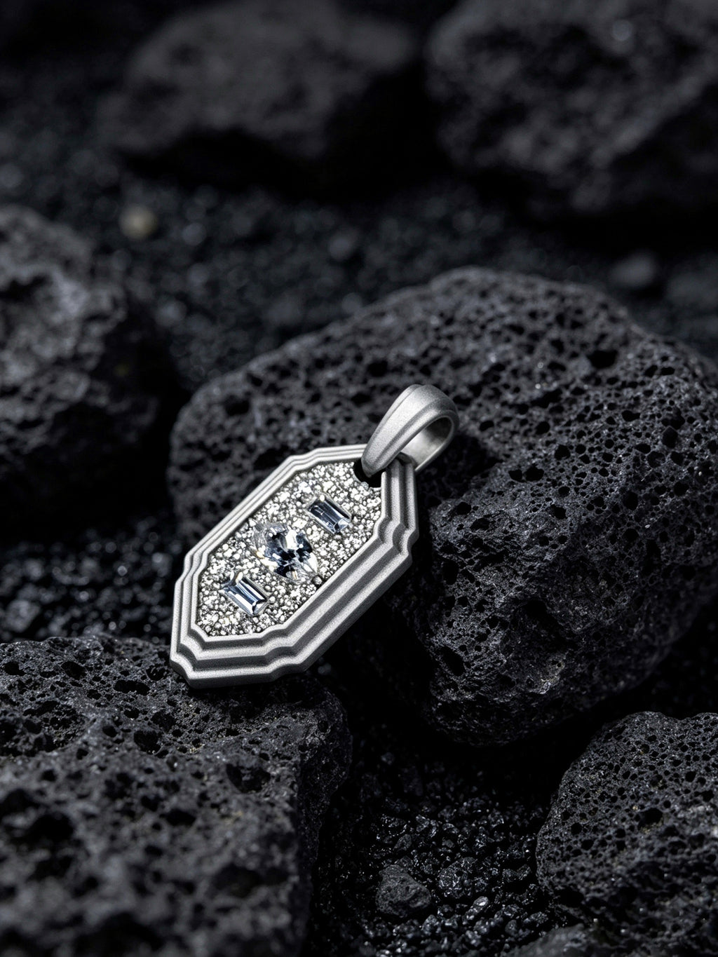 Layered Star Emblem Titanium Pendant | Shield Badge Design with Marquise & Baguette Pavé Synthetic Diamonds