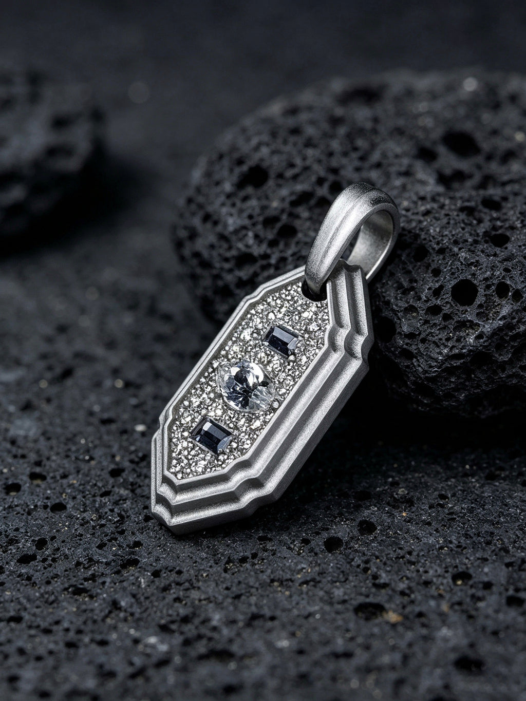 Layered Star Emblem Titanium Pendant | Shield Badge Design with Marquise & Baguette Pavé Synthetic Diamonds