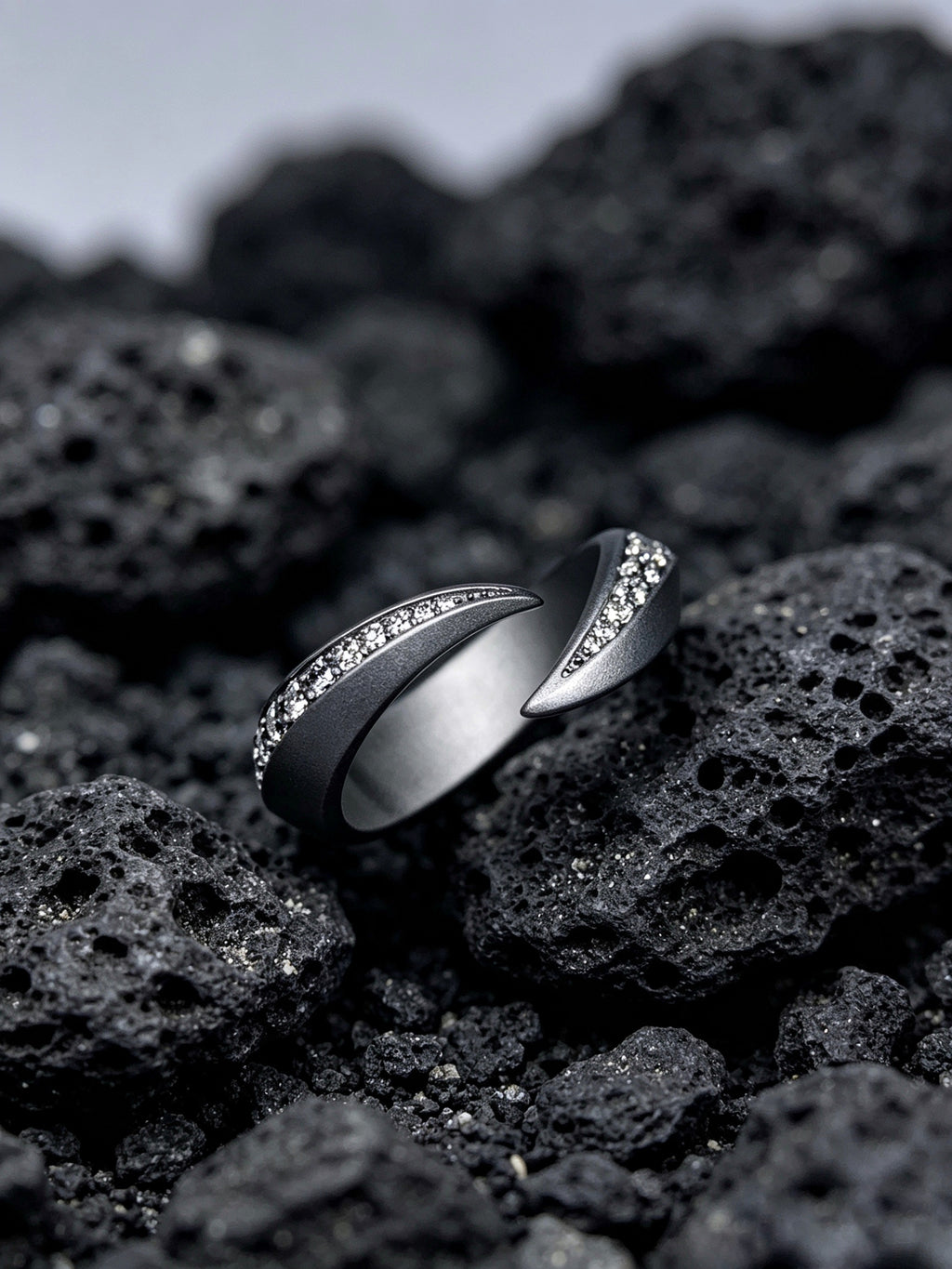 Twin Blades Titanium Open Ring | Dual Tip Pavé Synthetic Diamonds, Custom Ring Size Available