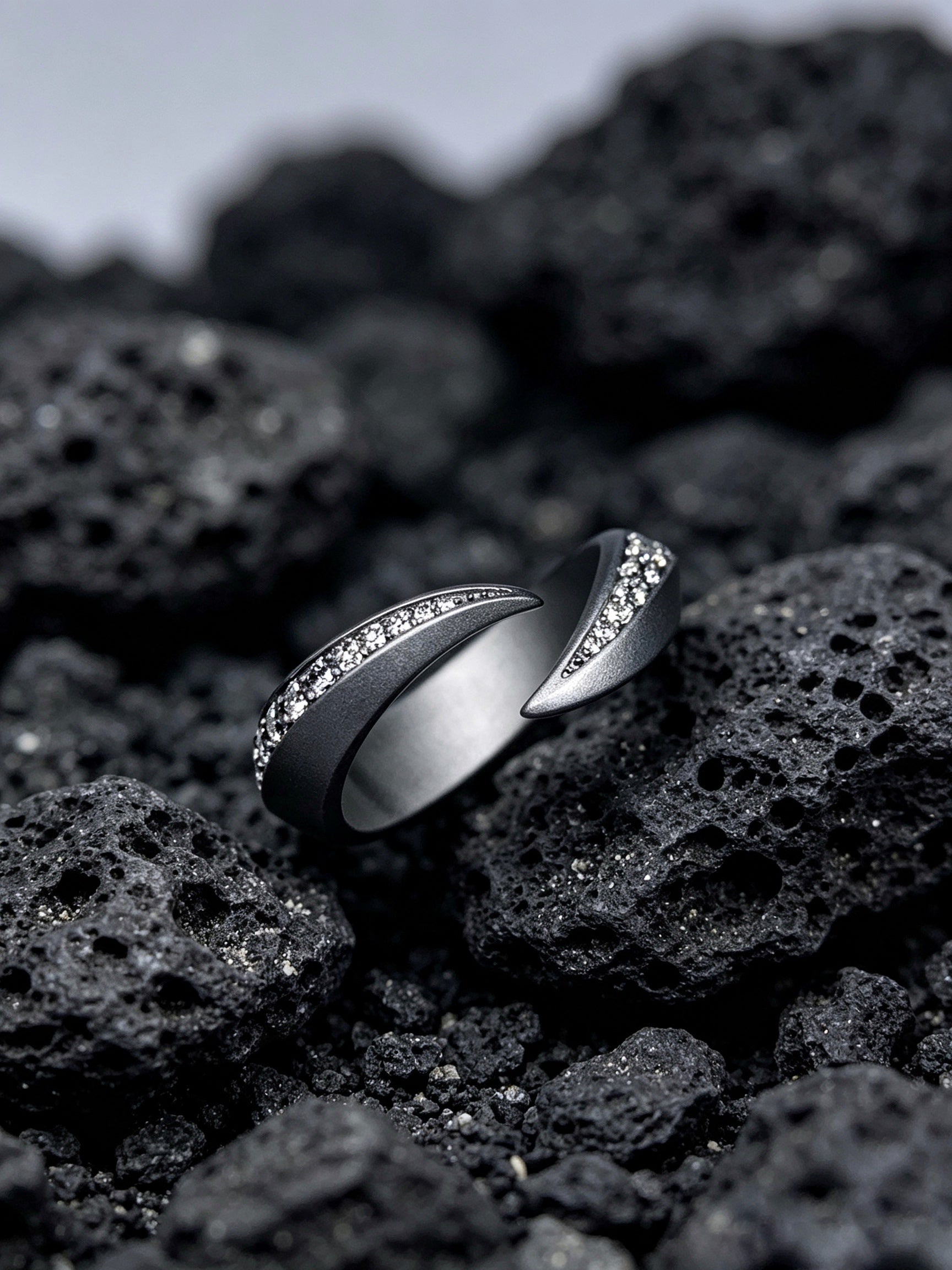 Twin Blades Titanium Open Ring | Dual Tip Pavé Synthetic Diamonds, Custom Ring Size Available