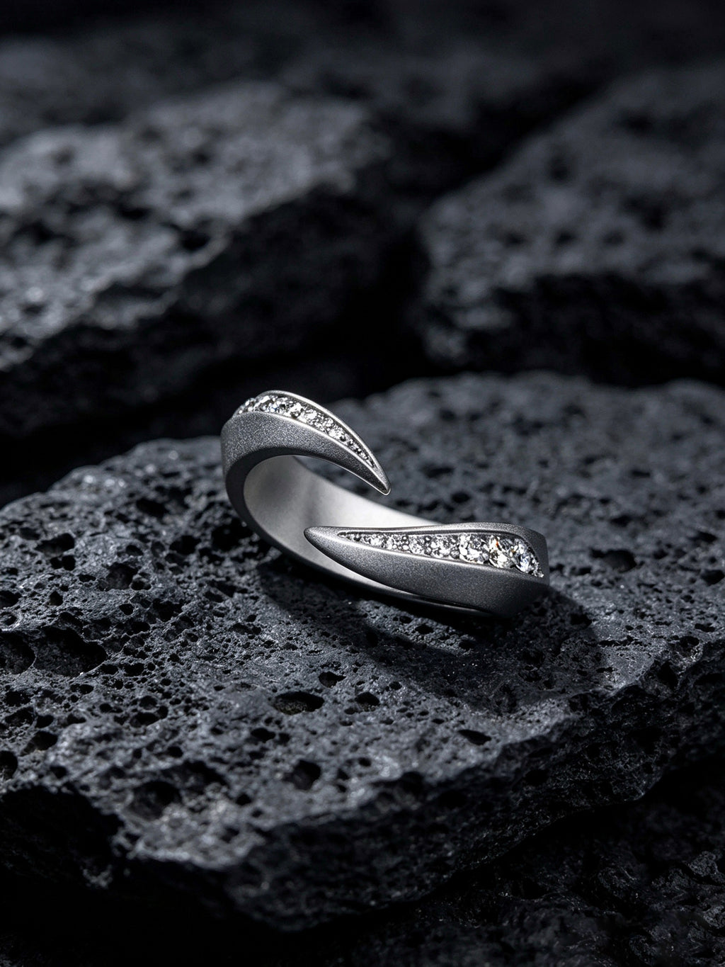 Twin Blades Titanium Open Ring | Dual Tip Pavé Synthetic Diamonds, Custom Ring Size Available