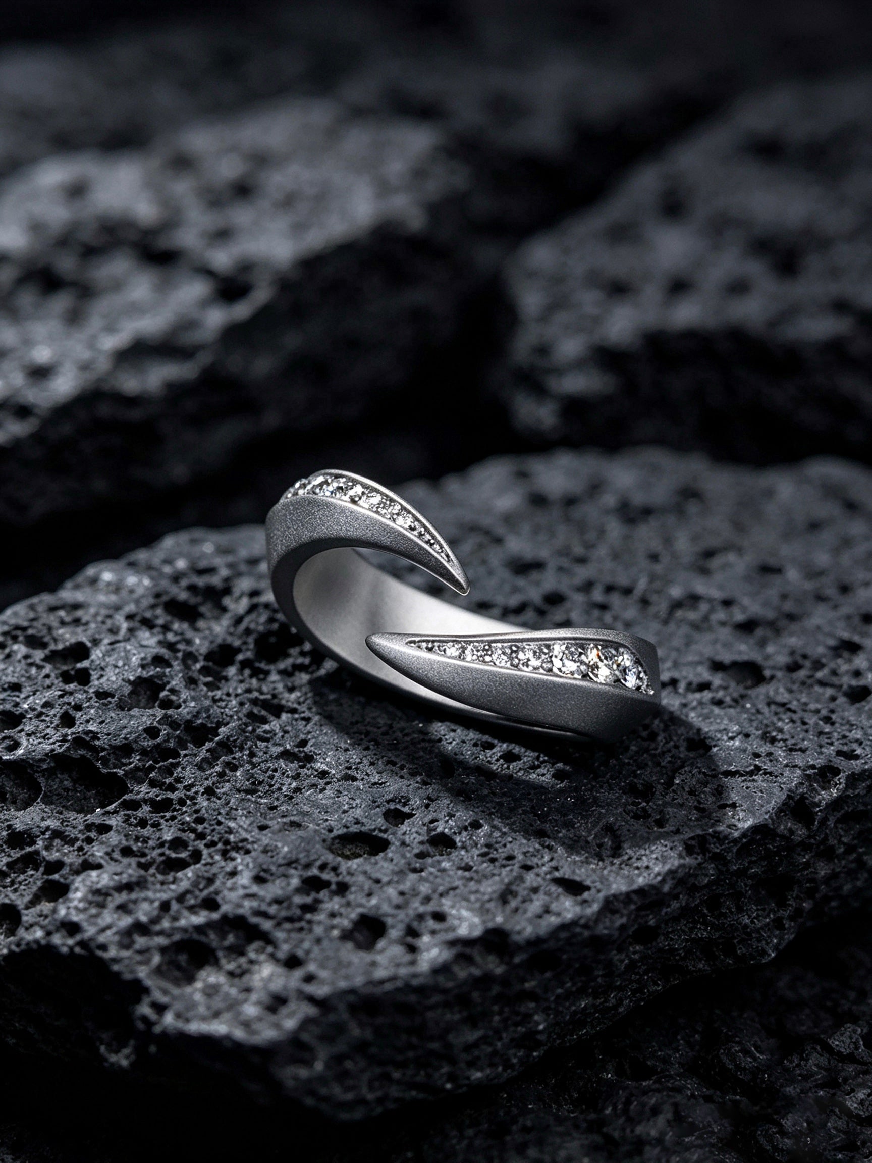 Twin Blades Titanium Open Ring | Dual Tip Pavé Synthetic Diamonds, Custom Ring Size Available