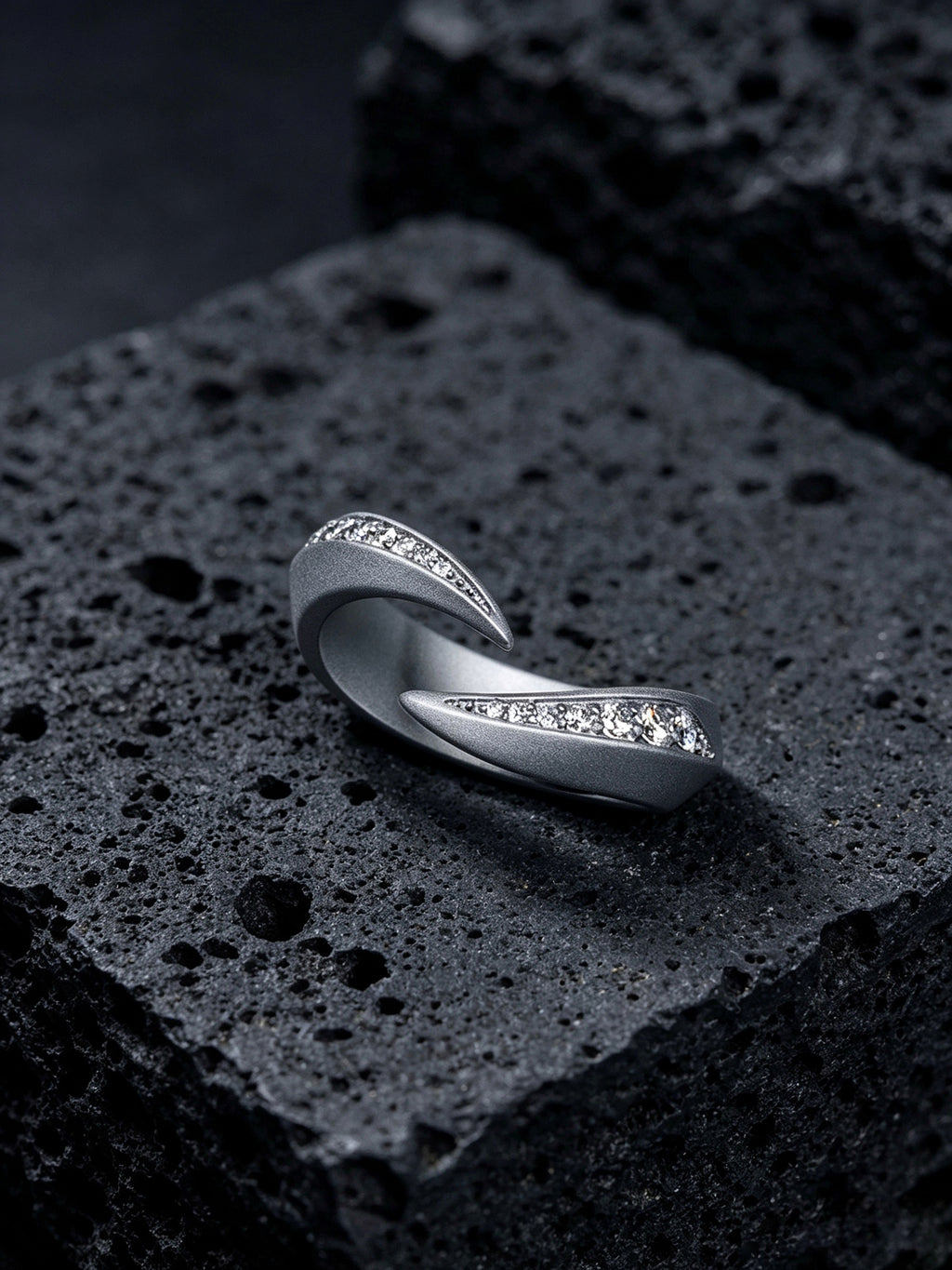 Twin Blades Titanium Open Ring | Dual Tip Pavé Synthetic Diamonds, Custom Ring Size Available