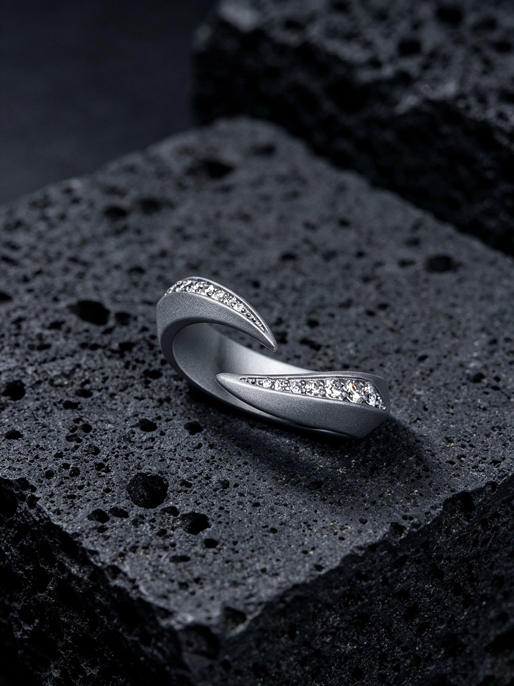 Twin Blades Titanium Open Ring | Dual Tip Pavé Synthetic Diamonds, Custom Ring Size Available