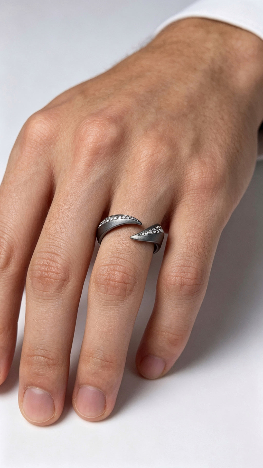 Twin Blades Titanium Open Ring | Dual Tip Pavé Synthetic Diamonds, Custom Ring Size Available