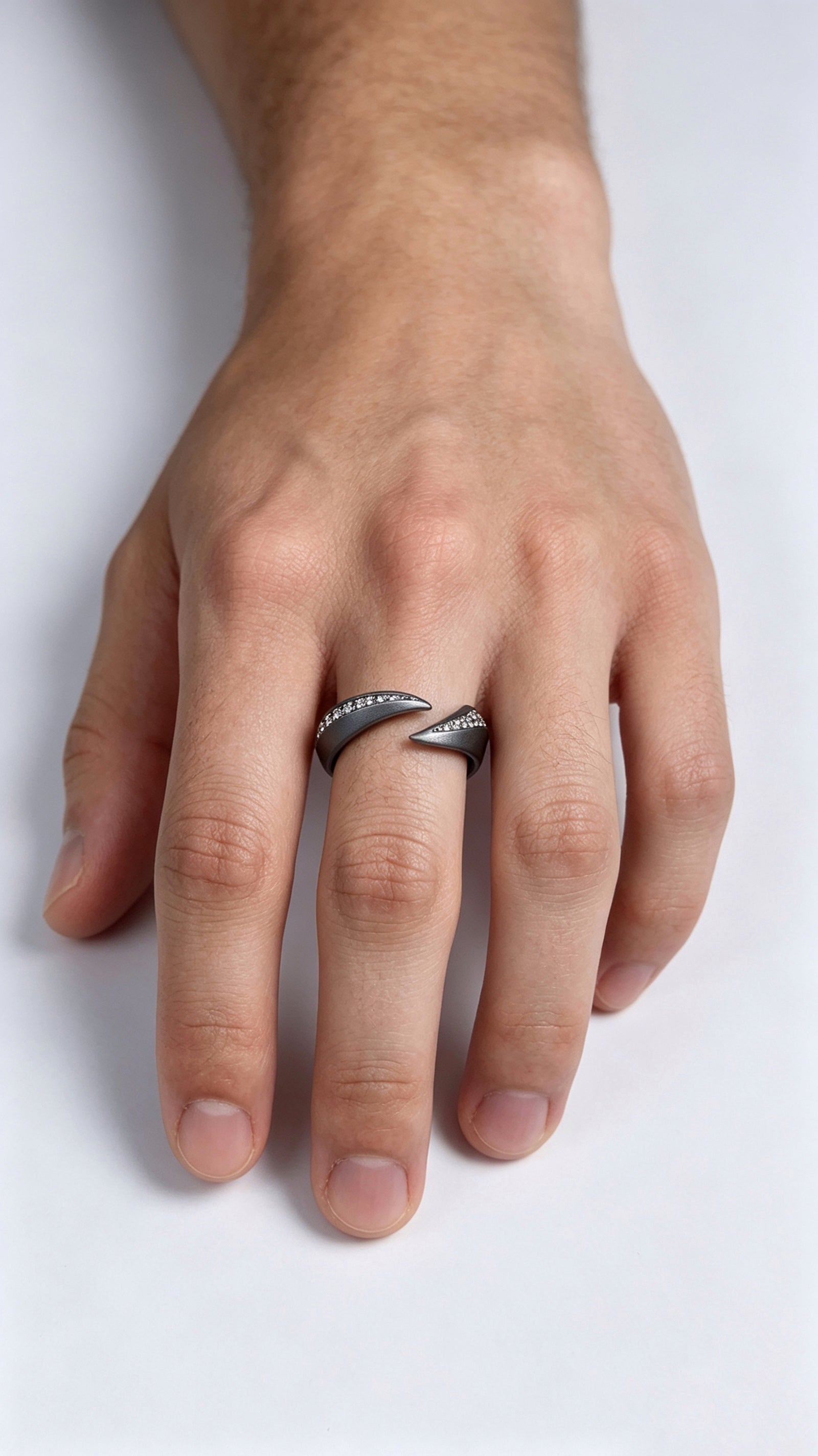 Twin Blades Titanium Open Ring | Dual Tip Pavé Synthetic Diamonds, Custom Ring Size Available
