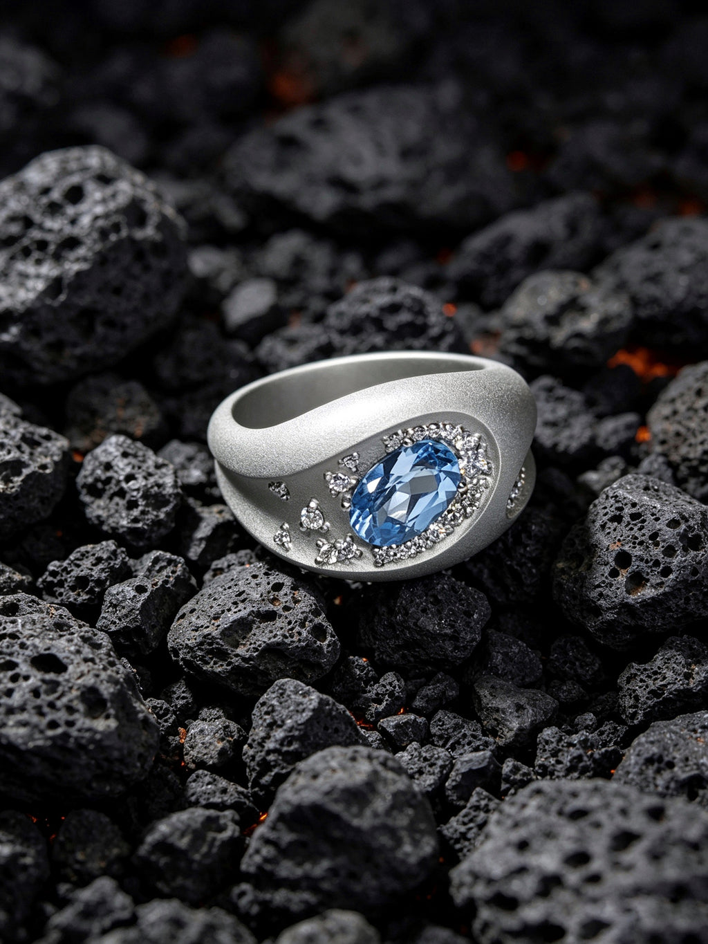 Meteor Crater Titanium Ring | Oval Synthetic Spinel with Scattered Pavé Synthetic Diamonds, Custom Ring Size Available
