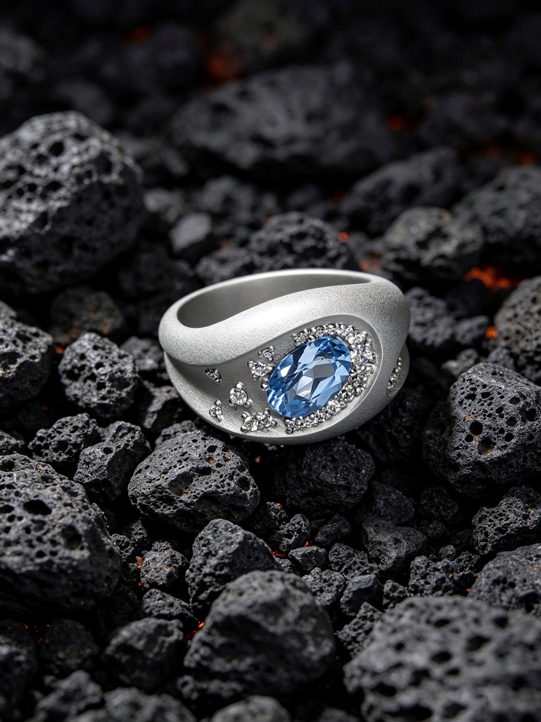 Meteor Crater Titanium Ring | Oval Synthetic Spinel with Scattered Pavé Synthetic Diamonds, Custom Ring Size Available
