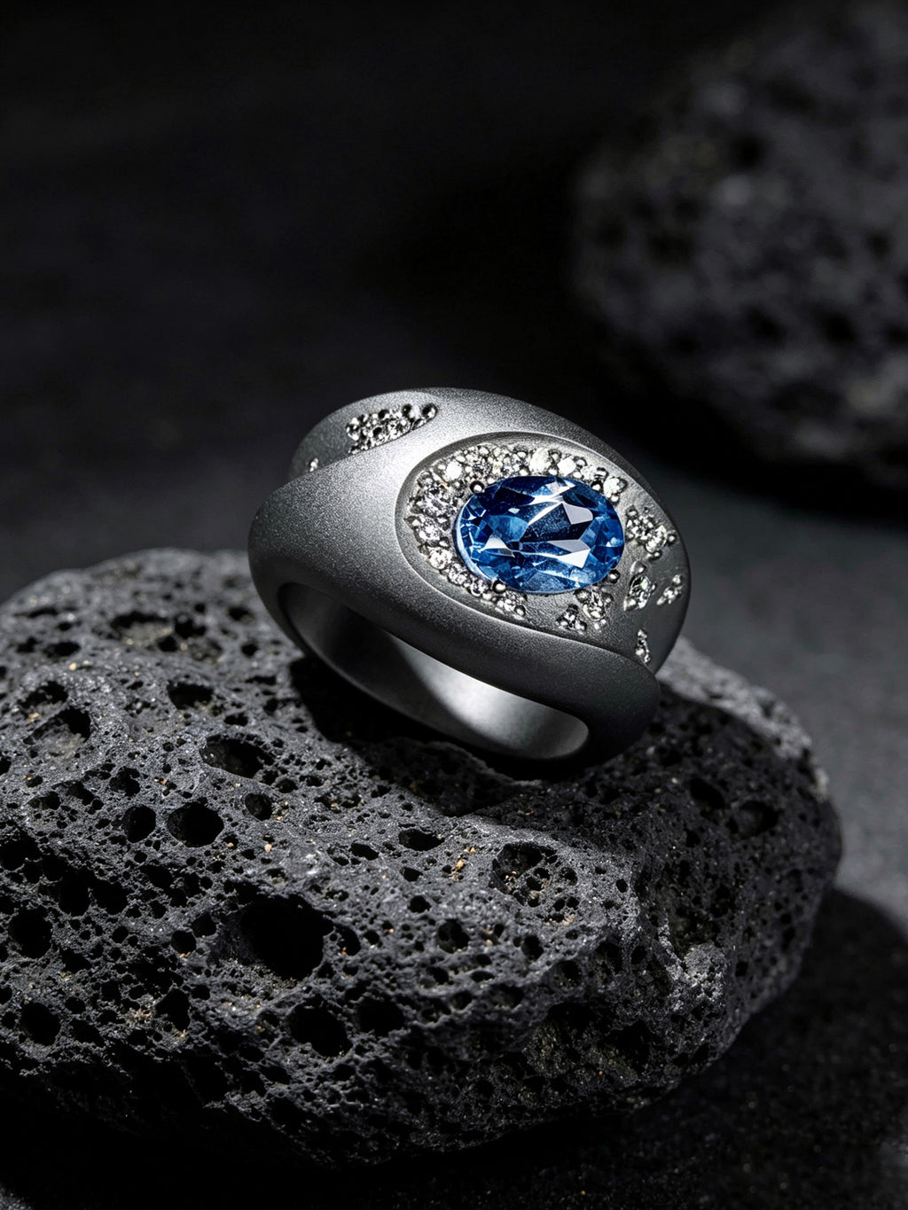 Meteor Crater Titanium Ring | Oval Synthetic Spinel with Scattered Pavé Synthetic Diamonds, Custom Ring Size Available