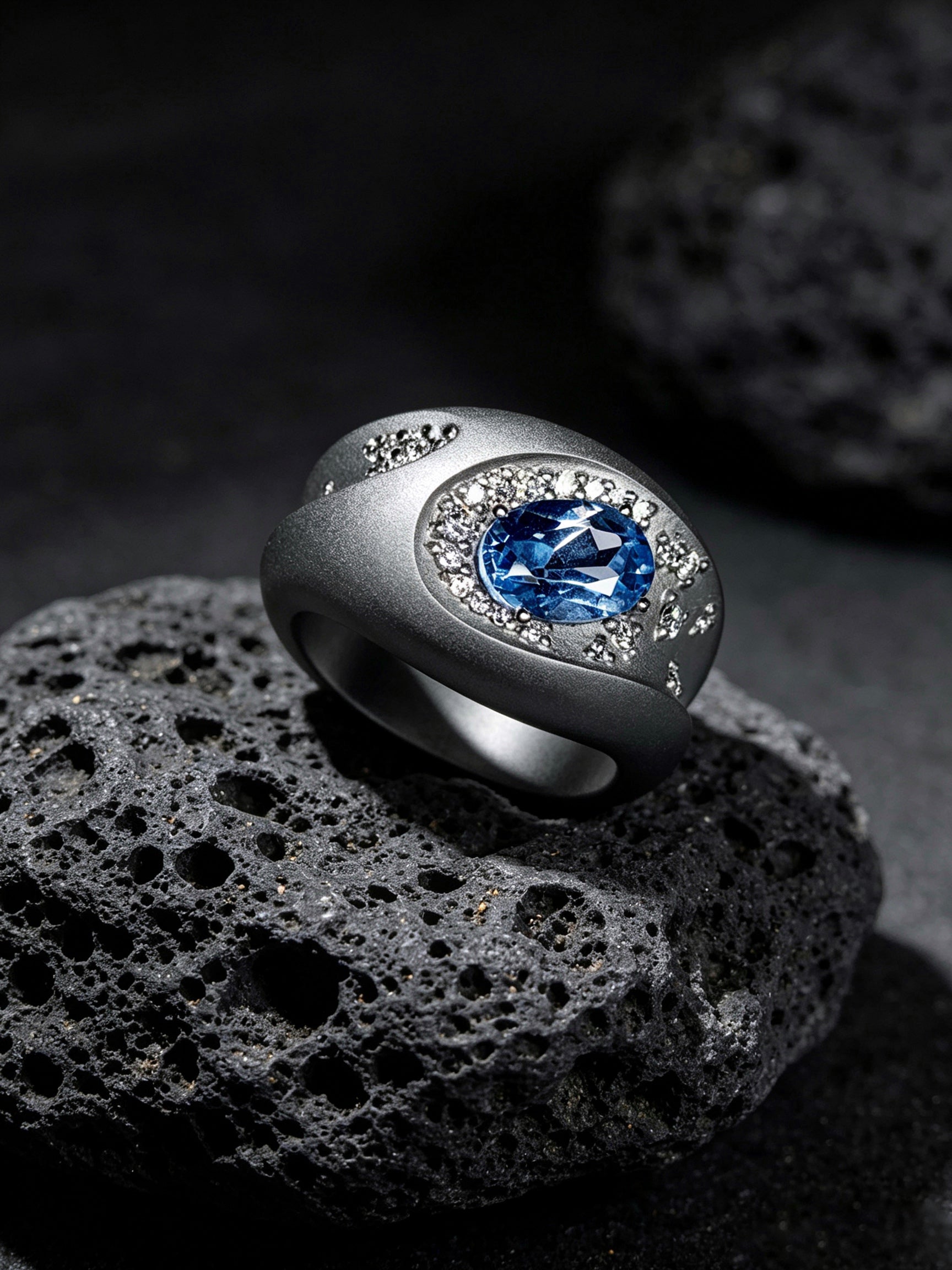 Meteor Crater Titanium Ring | Oval Synthetic Spinel with Scattered Pavé Synthetic Diamonds, Custom Ring Size Available