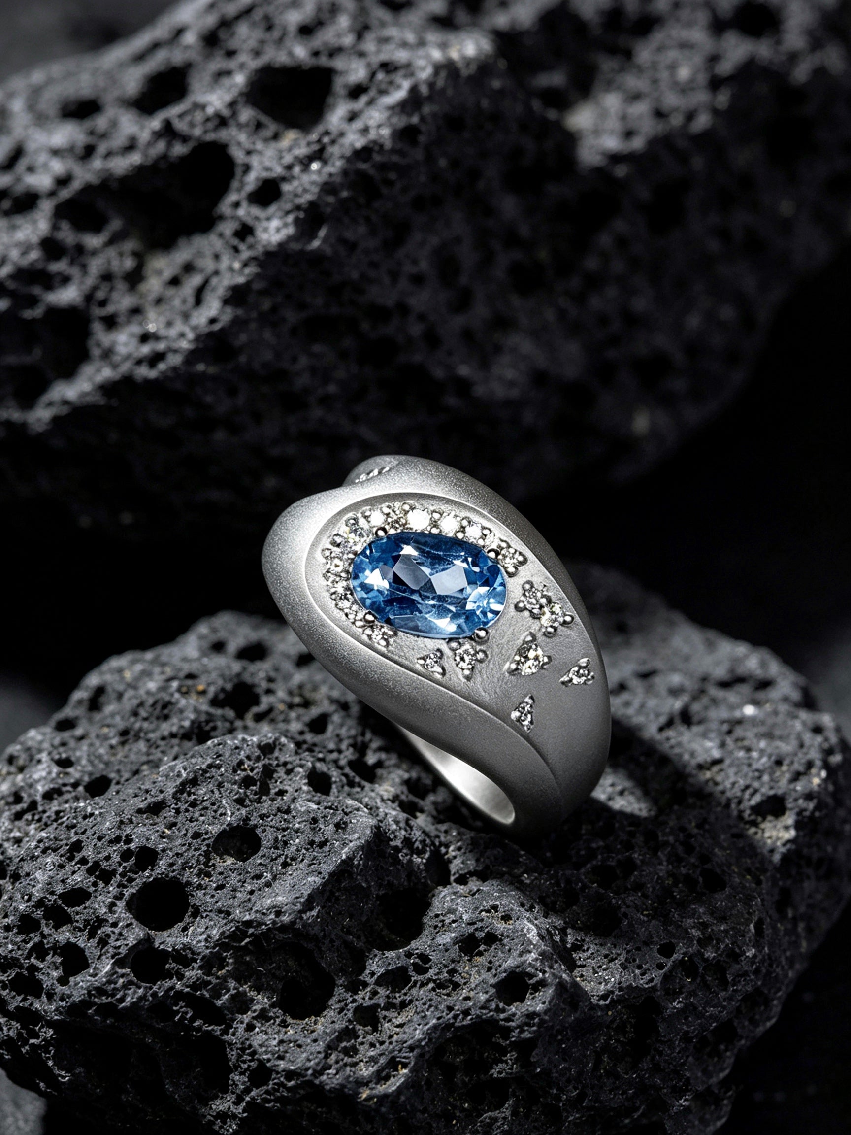 Meteor Crater Titanium Ring | Oval Synthetic Spinel with Scattered Pavé Synthetic Diamonds, Custom Ring Size Available