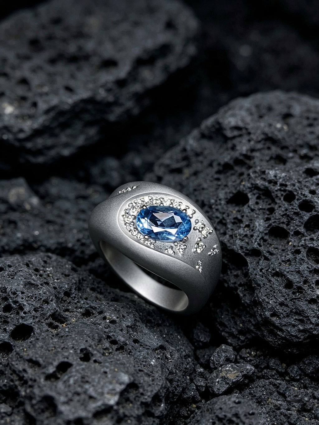Meteor Crater Titanium Ring | Oval Synthetic Spinel with Scattered Pavé Synthetic Diamonds, Custom Ring Size Available