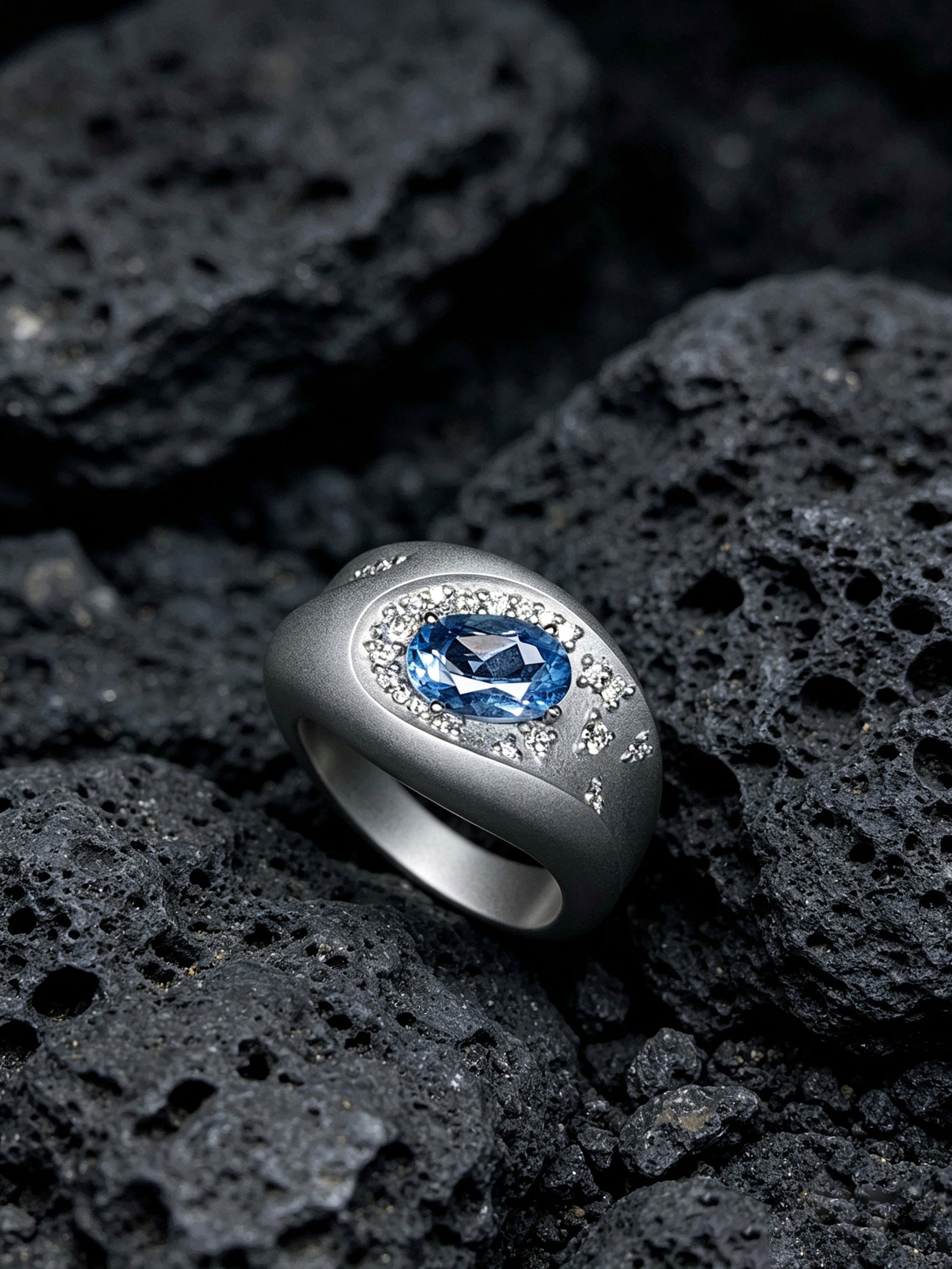 Meteor Crater Titanium Ring | Oval Synthetic Spinel with Scattered Pavé Synthetic Diamonds, Custom Ring Size Available