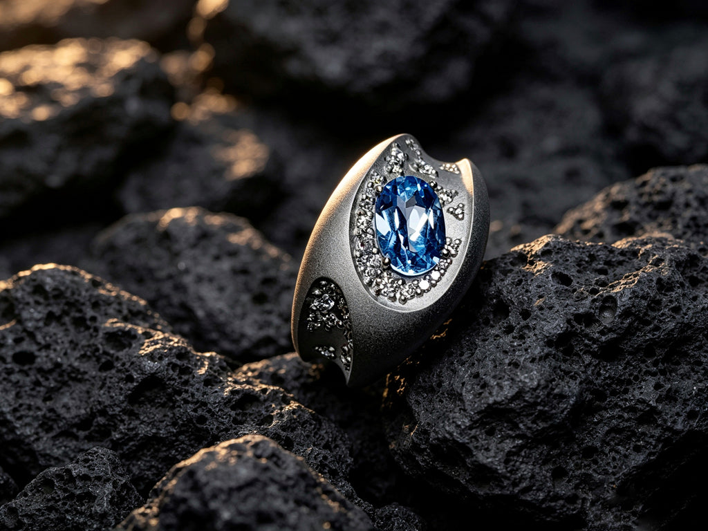 Meteor Crater Titanium Ring | Oval Synthetic Spinel with Scattered Pavé Synthetic Diamonds, Custom Ring Size Available