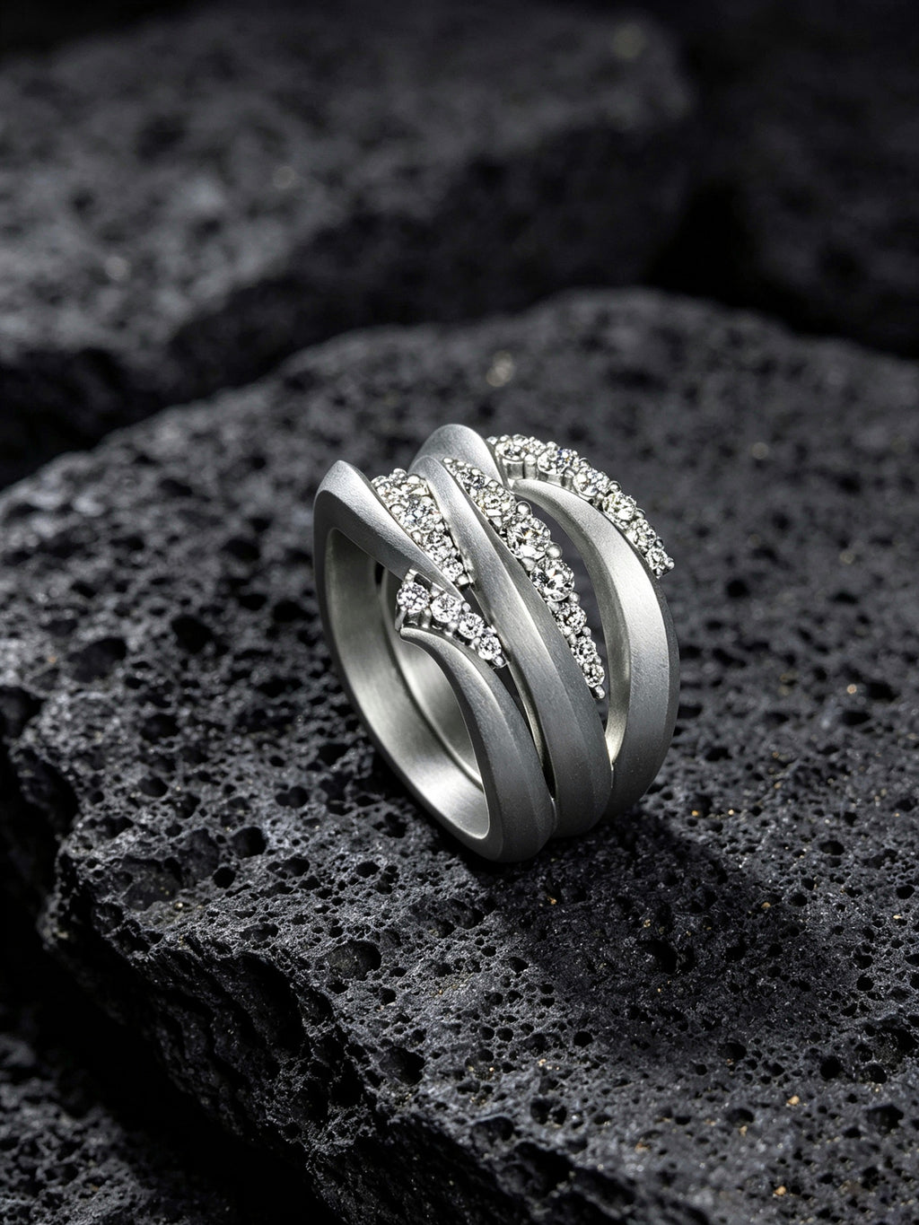 Swirl Surge Titanium Twist Ring | Multi-Layer Pavé Synthetic Diamonds, Custom Ring Size Available
