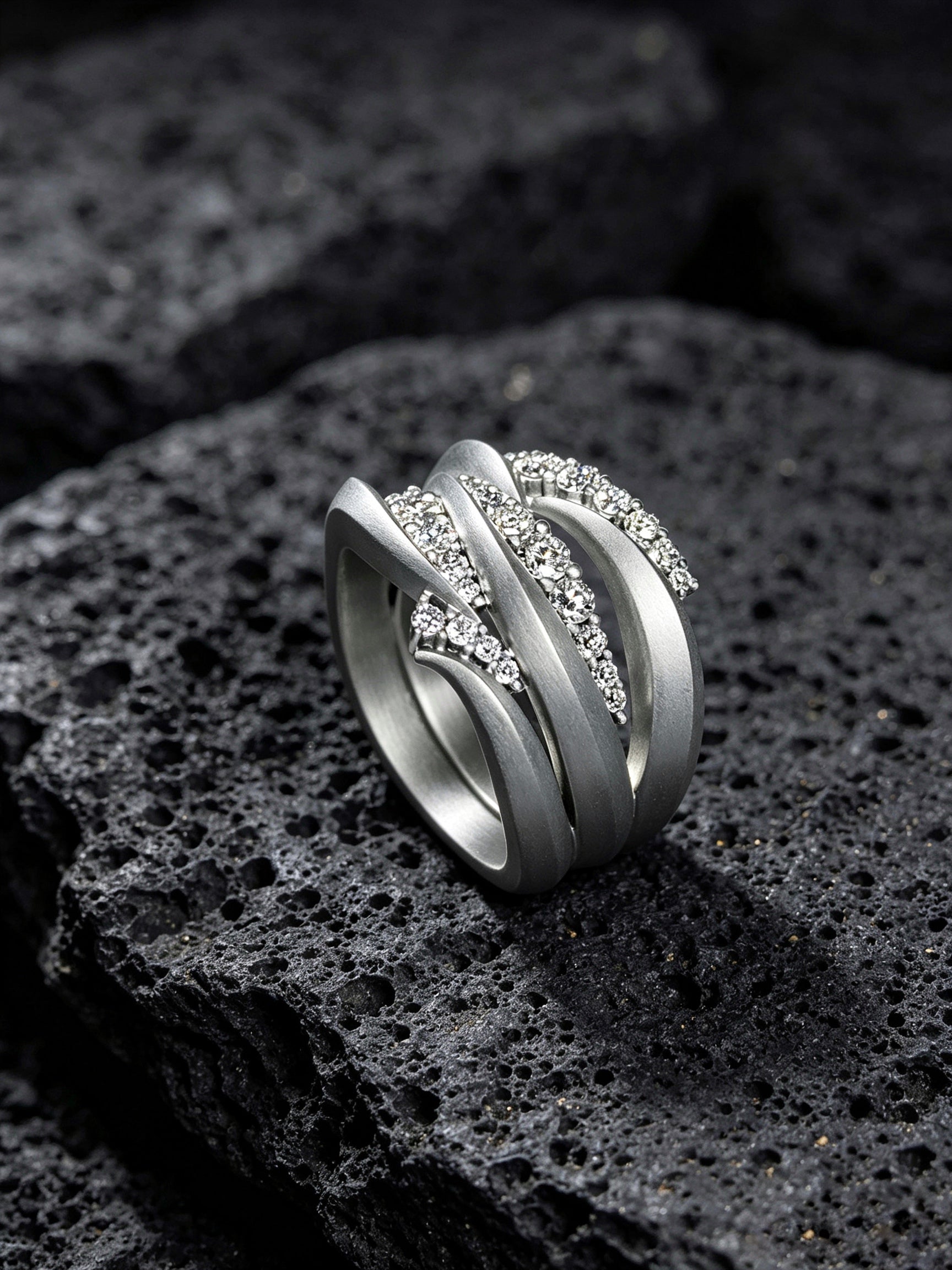 Swirl Surge Titanium Twist Ring | Multi-Layer Pavé Synthetic Diamonds, Custom Ring Size Available
