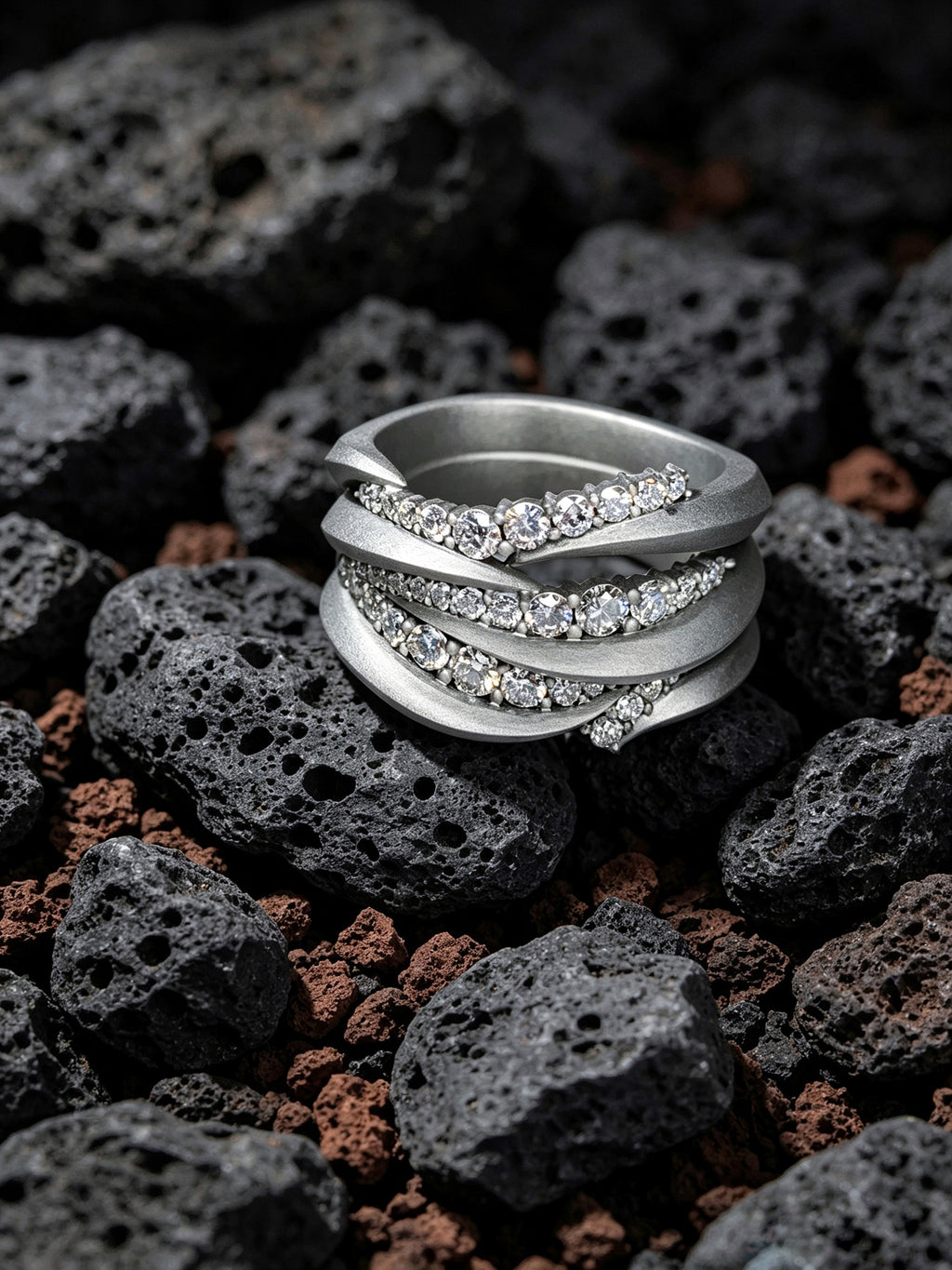 Swirl Surge Titanium Twist Ring | Multi-Layer Pavé Synthetic Diamonds, Custom Ring Size Available