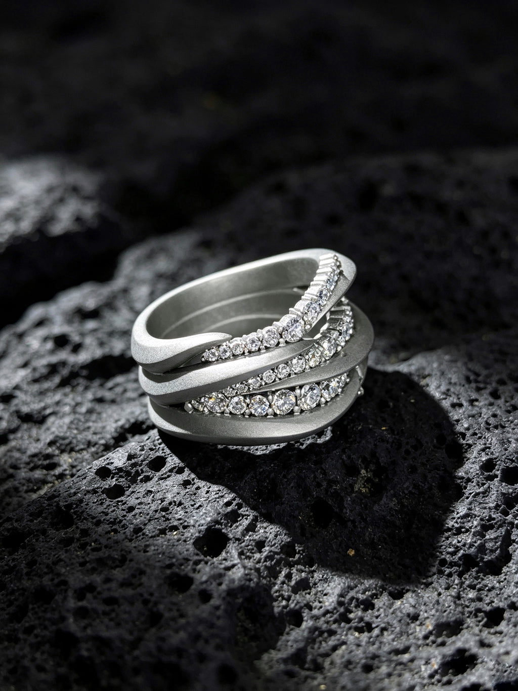 Swirl Surge Titanium Twist Ring | Multi-Layer Pavé Synthetic Diamonds, Custom Ring Size Available