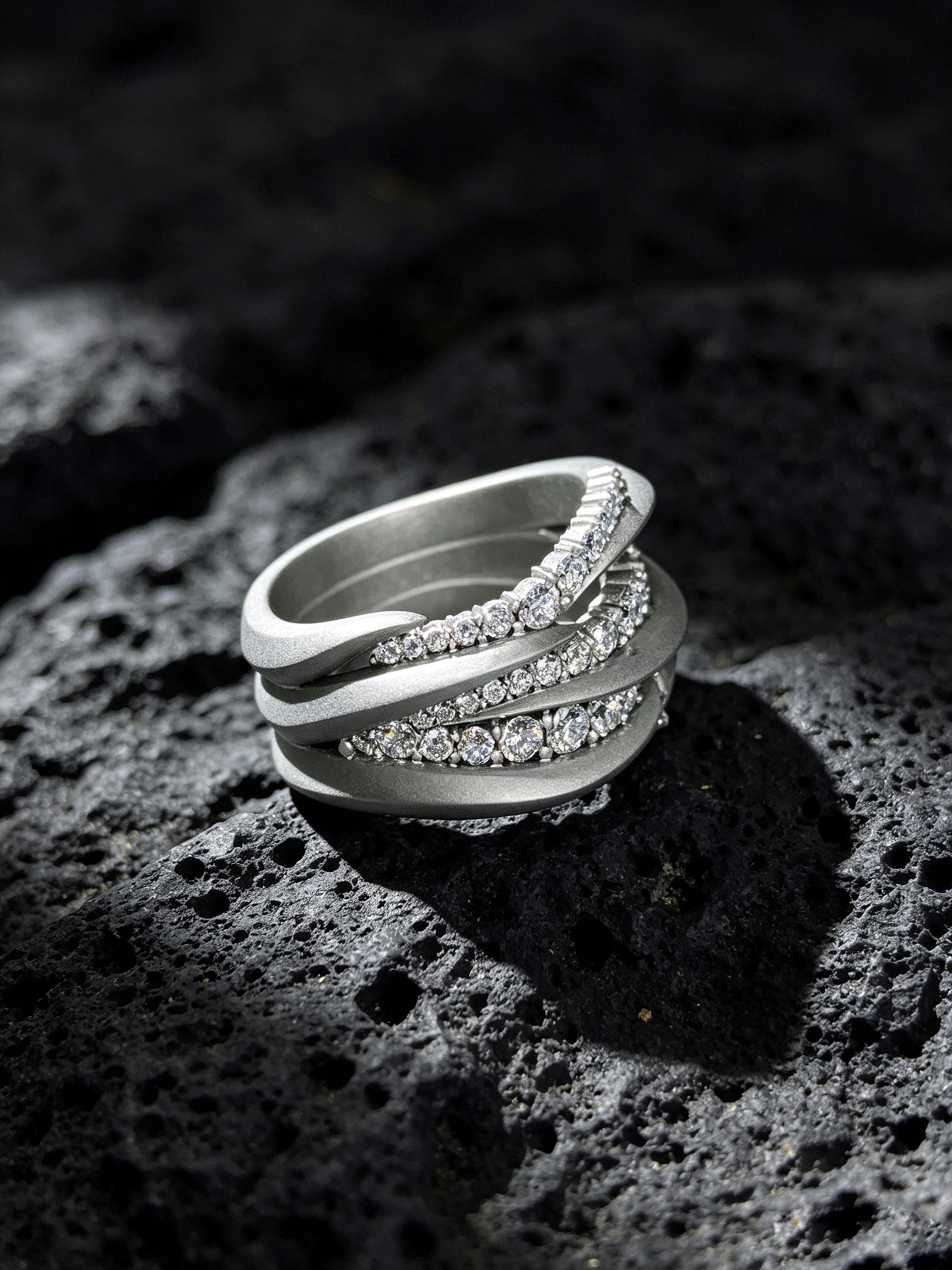 Swirl Surge Titanium Twist Ring | Multi-Layer Pavé Synthetic Diamonds, Custom Ring Size Available