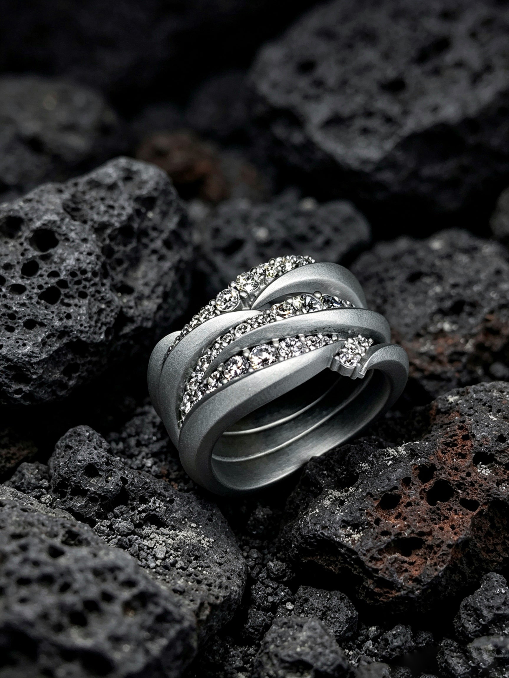 Swirl Surge Titanium Twist Ring | Multi-Layer Pavé Synthetic Diamonds, Custom Ring Size Available